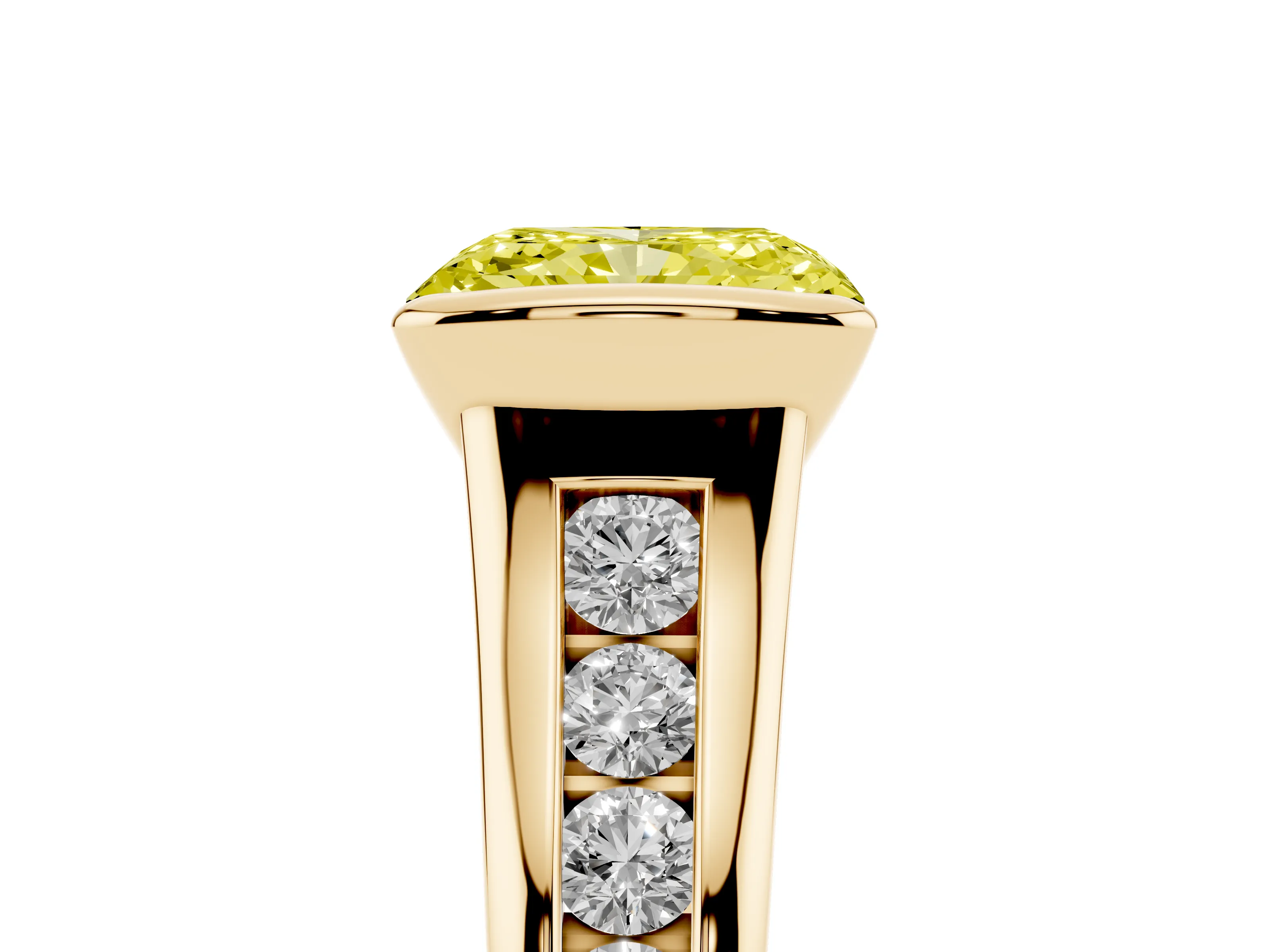 Fancy Yellow Radiant Cut Diamond Bezel-Set Solitaire Ring Set in Yellow gold with Channel-Set Band