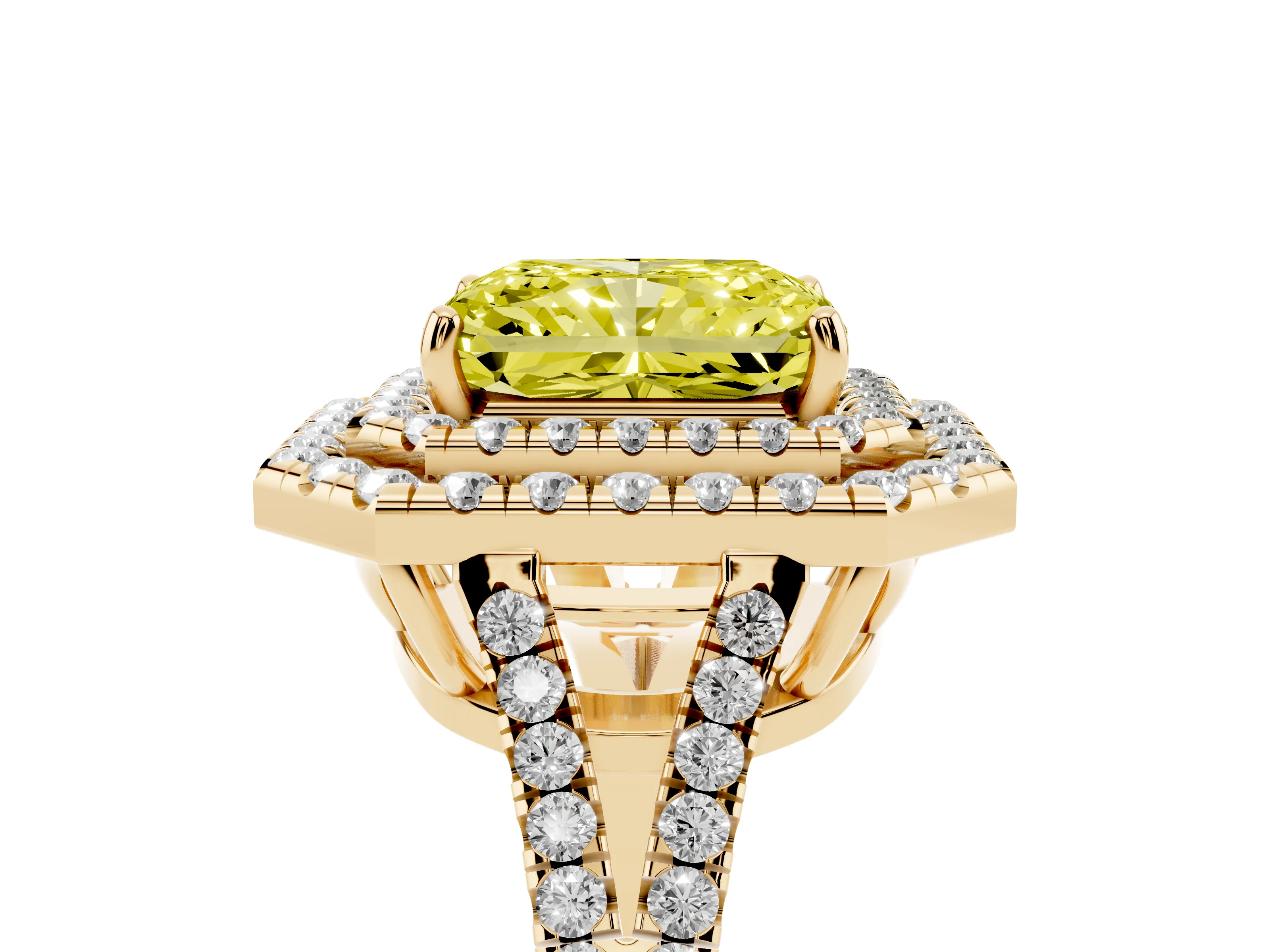 Fancy Yellow Radiant Cut Diamond Double Halo Ring Set in Yellow gold with Pavé Band