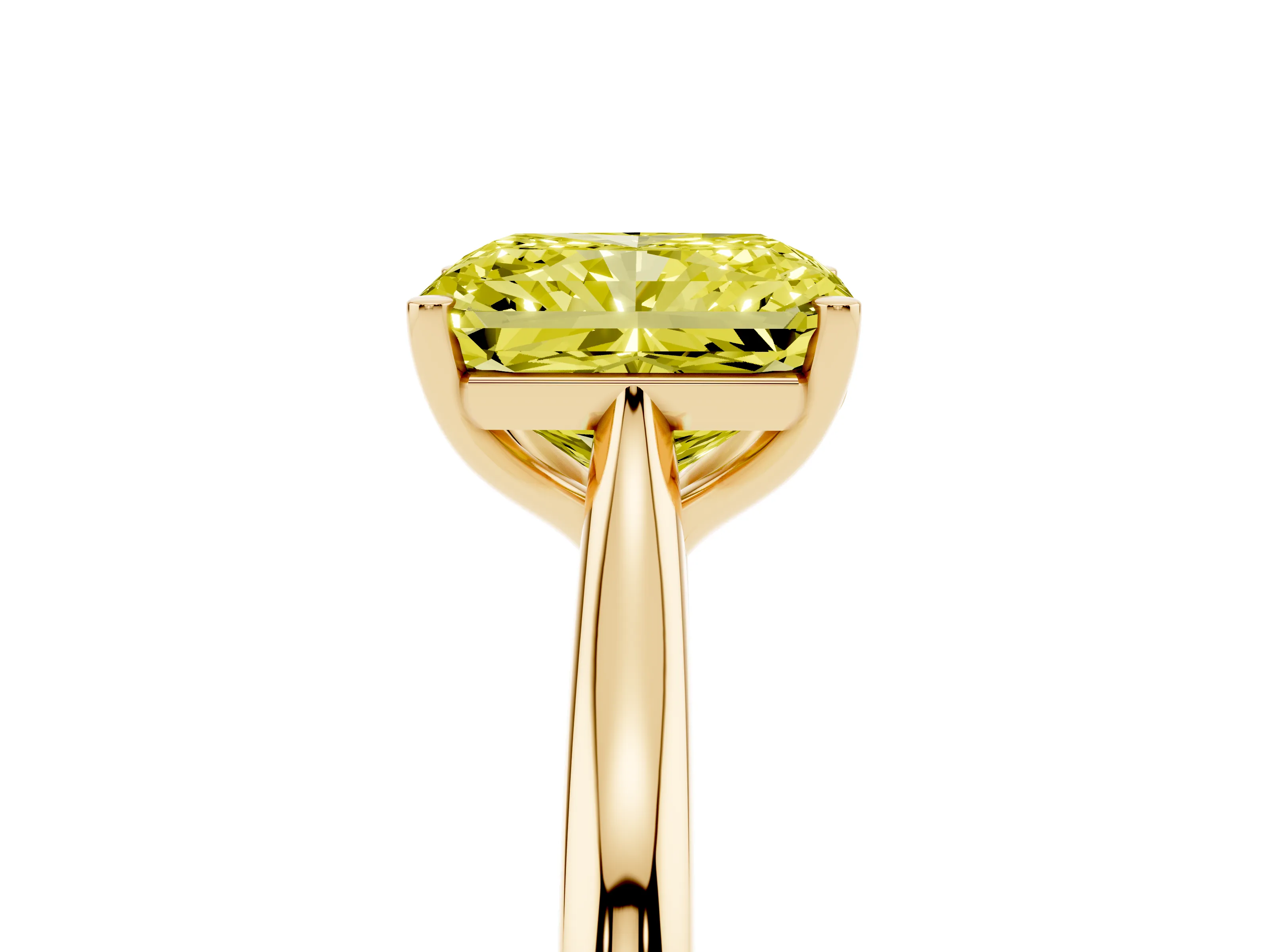 Fancy Yellow Radiant Cut Diamond Solitaire Ring Set in Yellow gold with Cathedral Band and Prong Setting