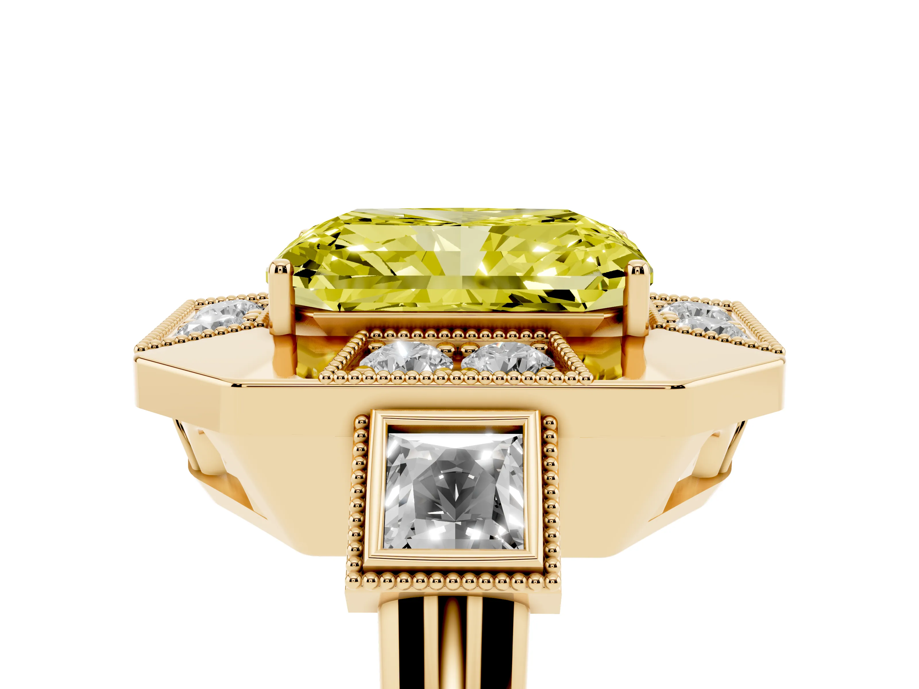 Fancy Yellow Radiant Cut Diamond Milgrain Halo Ring Set in Yellow gold with Split Shank