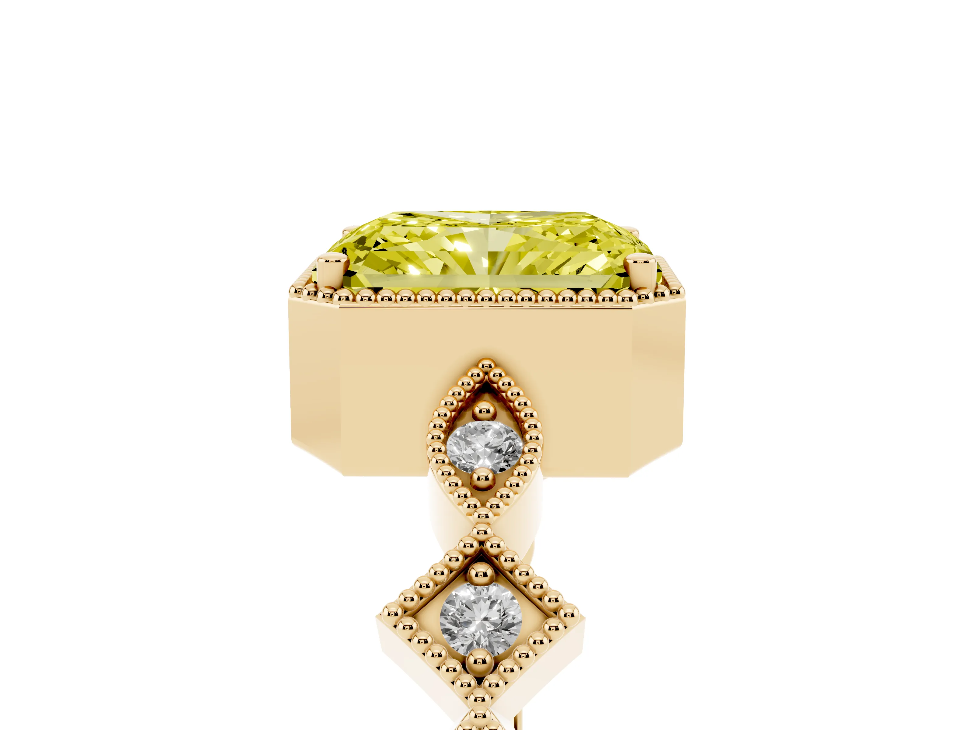 Fancy Yellow Radiant Cut Diamond Milgrain Marquise Twist Band Ring Set in Yellow gold with Prong Setting