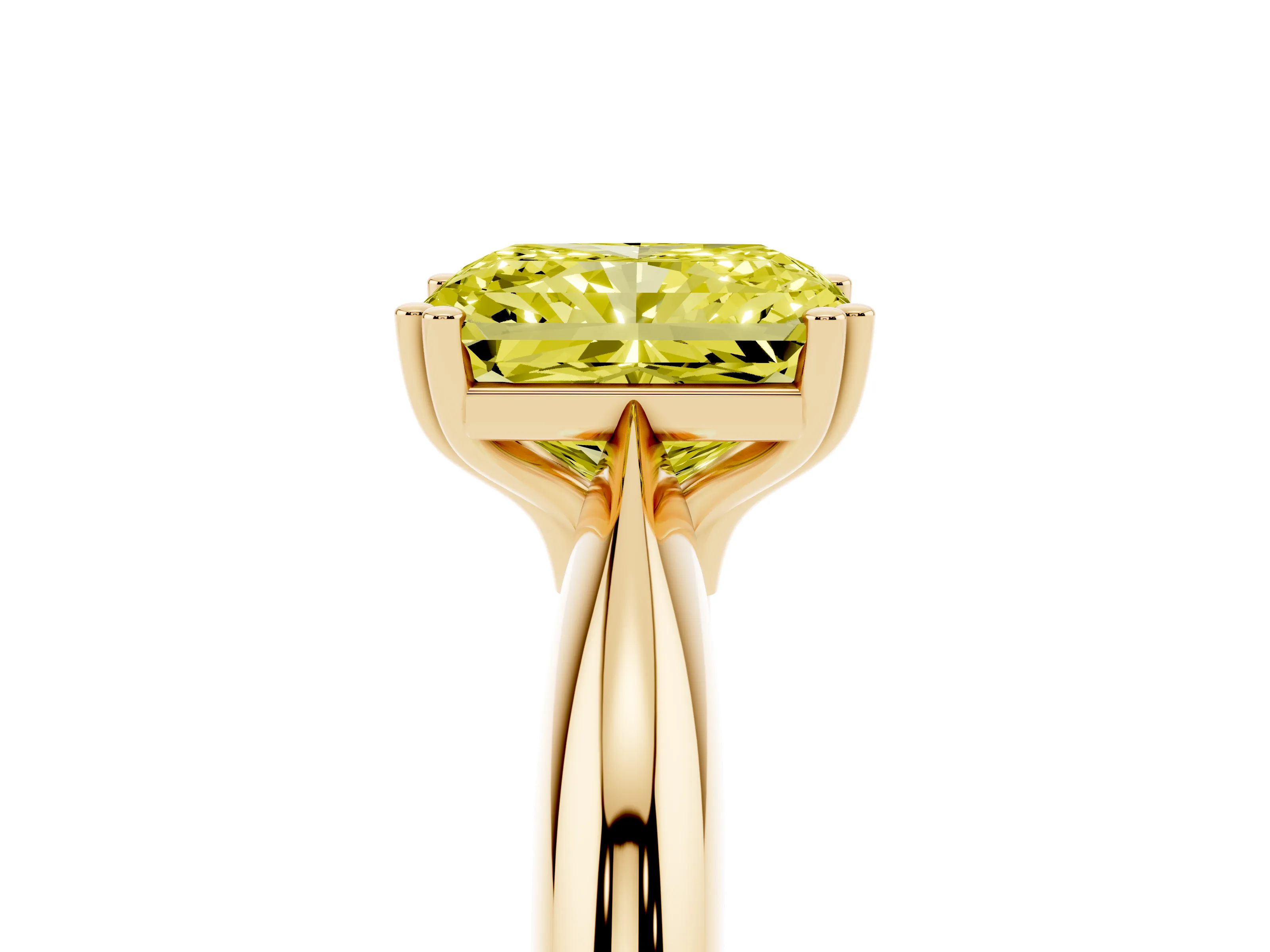 Fancy Yellow Radiant Cut Diamond Solitaire Engagement Ring Set in Yellow gold with Tapered Band and Prong Setting
