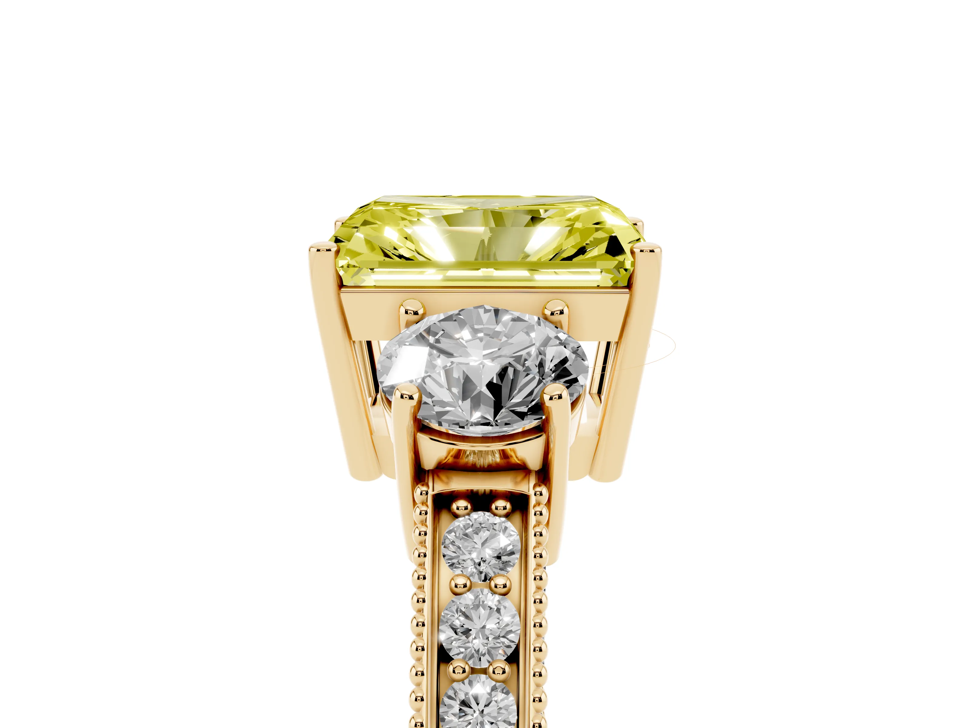 Fancy Yellow Radiant Cut Diamond Three-Stone Ring Set in Yellow gold with Round Side Stones and Pavé Band