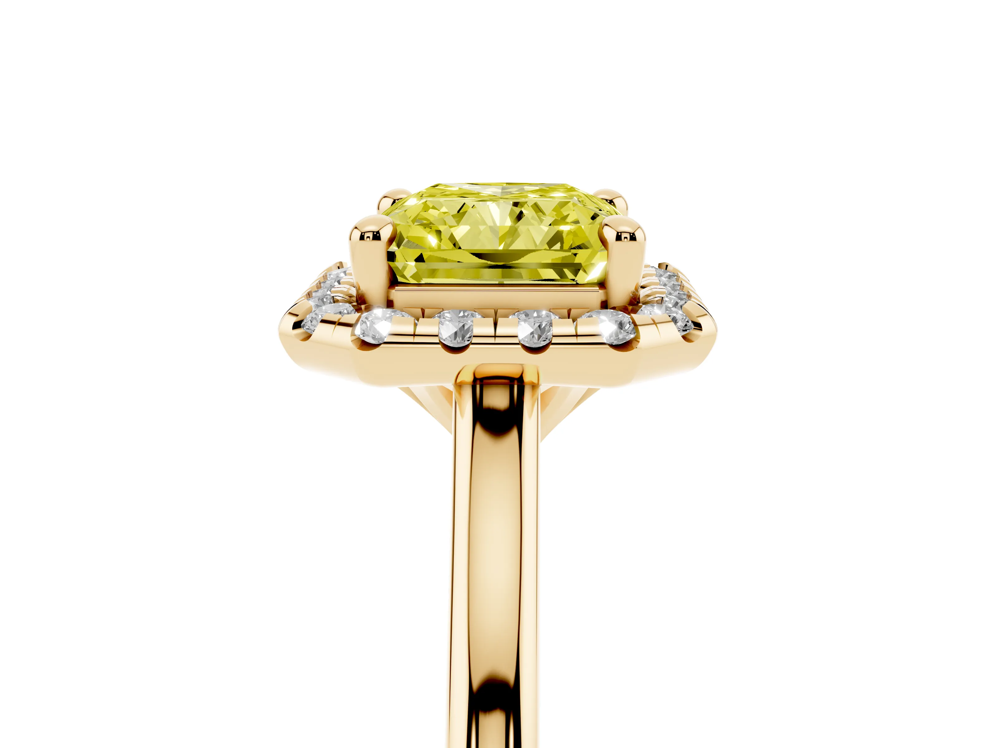 Fancy Yellow Radiant Cut Diamond Halo Engagement Ring Set in Yellow gold with Pavé Band and Rising Shoulders