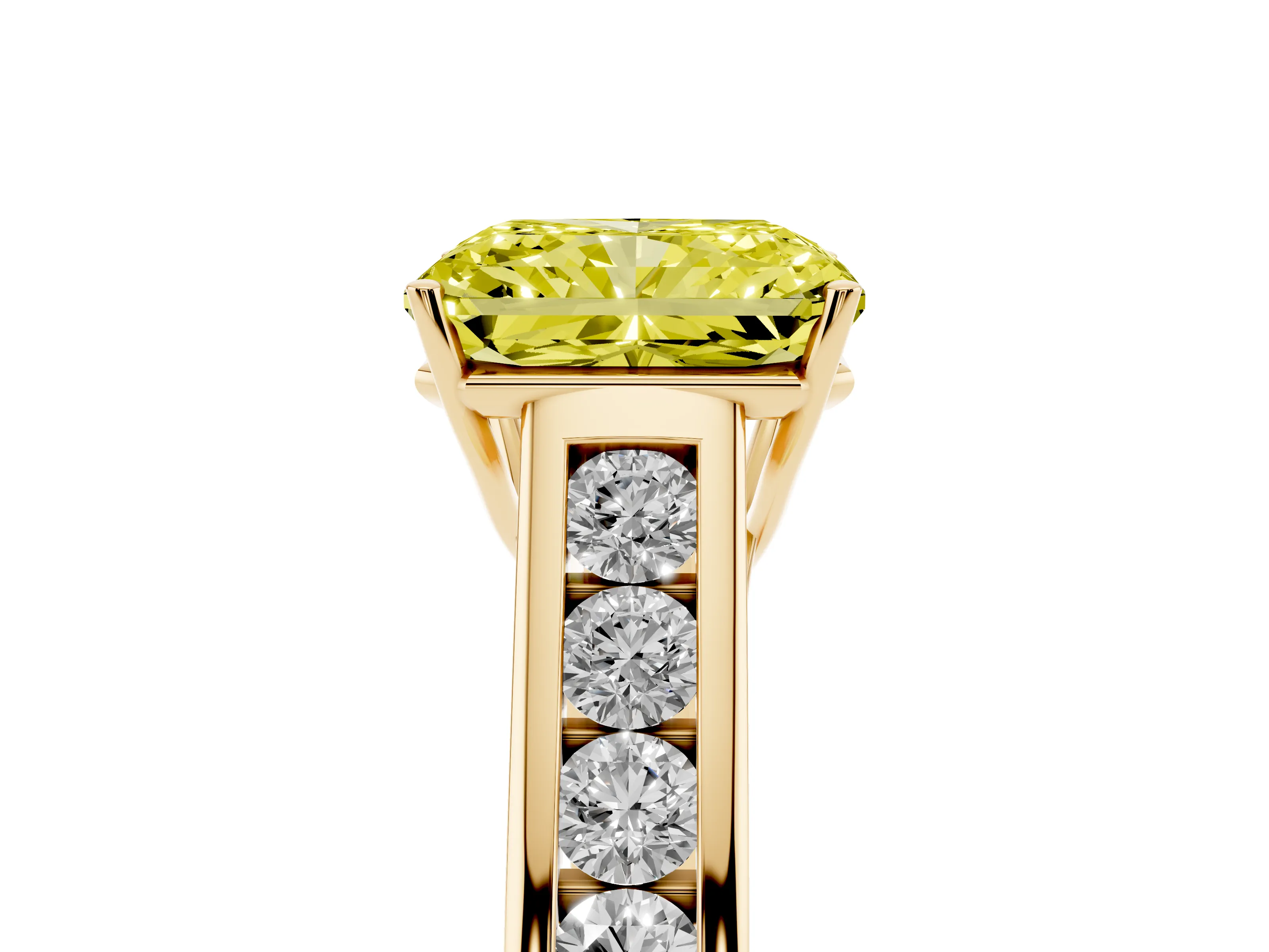 Fancy Yellow Radiant Cut Diamond Brilliant Channel-Set Solitaire Ring Set in Yellow gold with Prong Setting