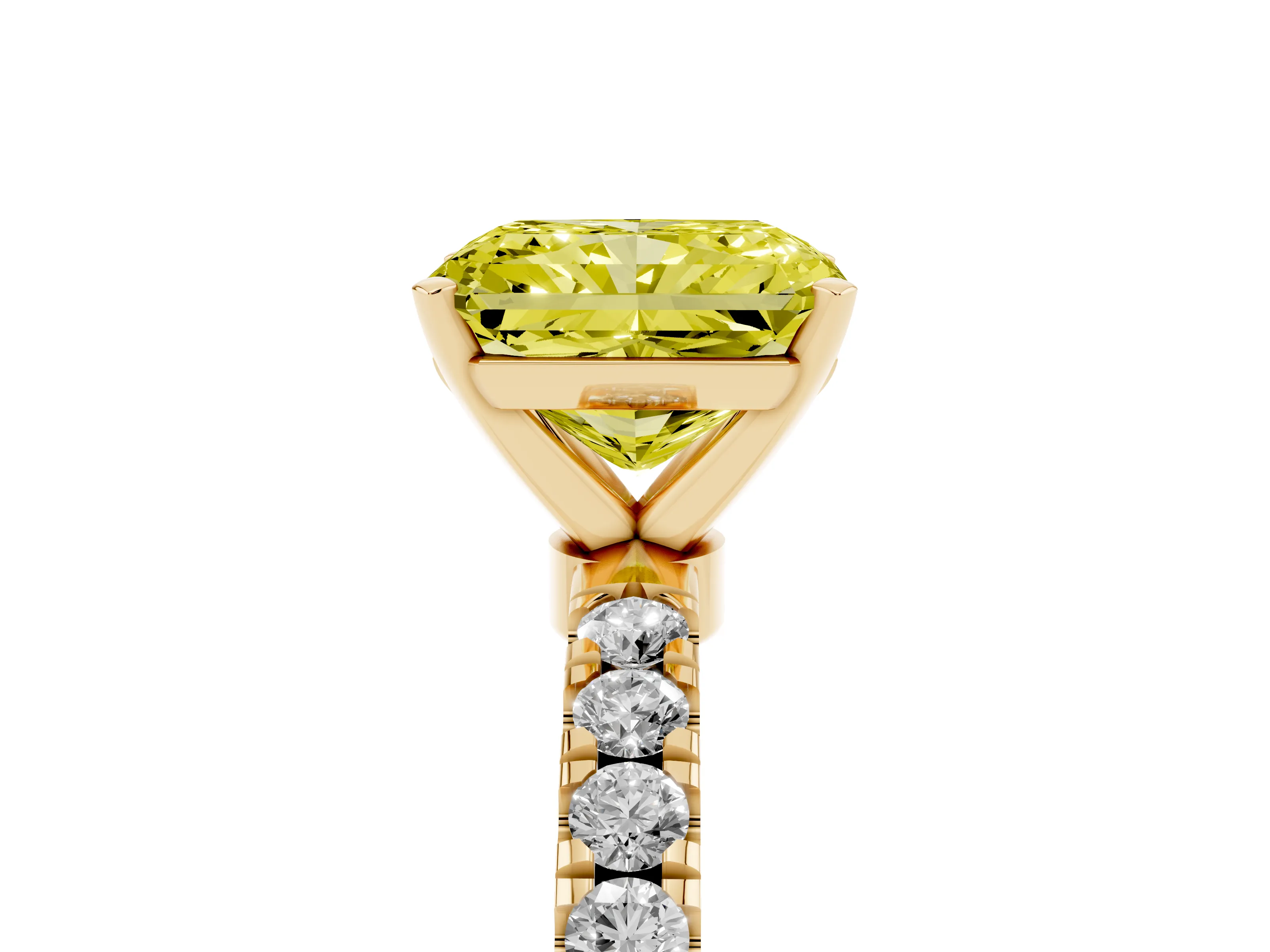 Fancy Yellow Radiant Cut Diamond Solitaire Ring Set in Yellow gold with Pavé Accents and Prong Setting