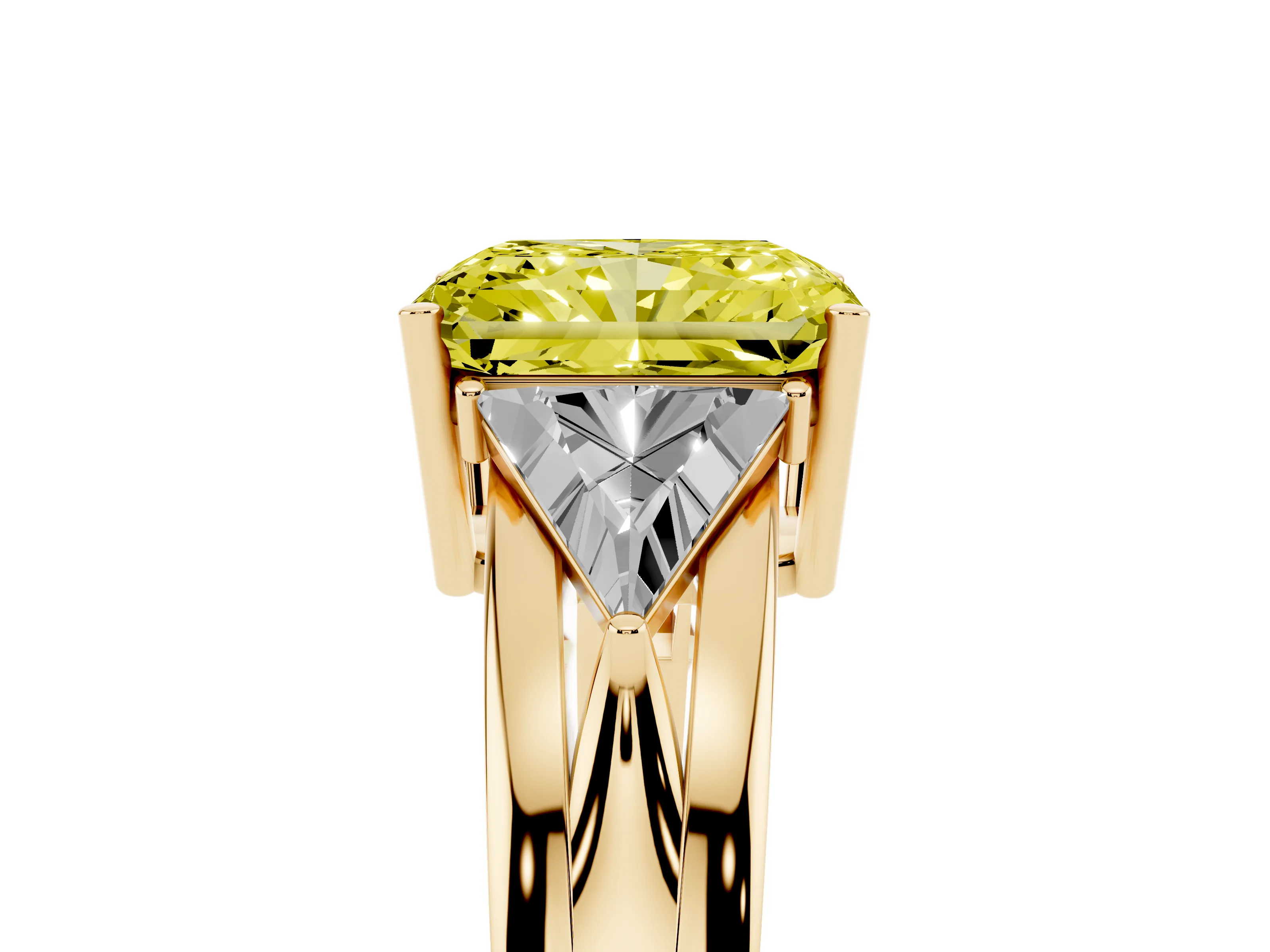 Fancy Yellow Radiant Cut Diamond Three-Stone Ring Set in Yellow gold with Trillion Side Stones and Split Shank