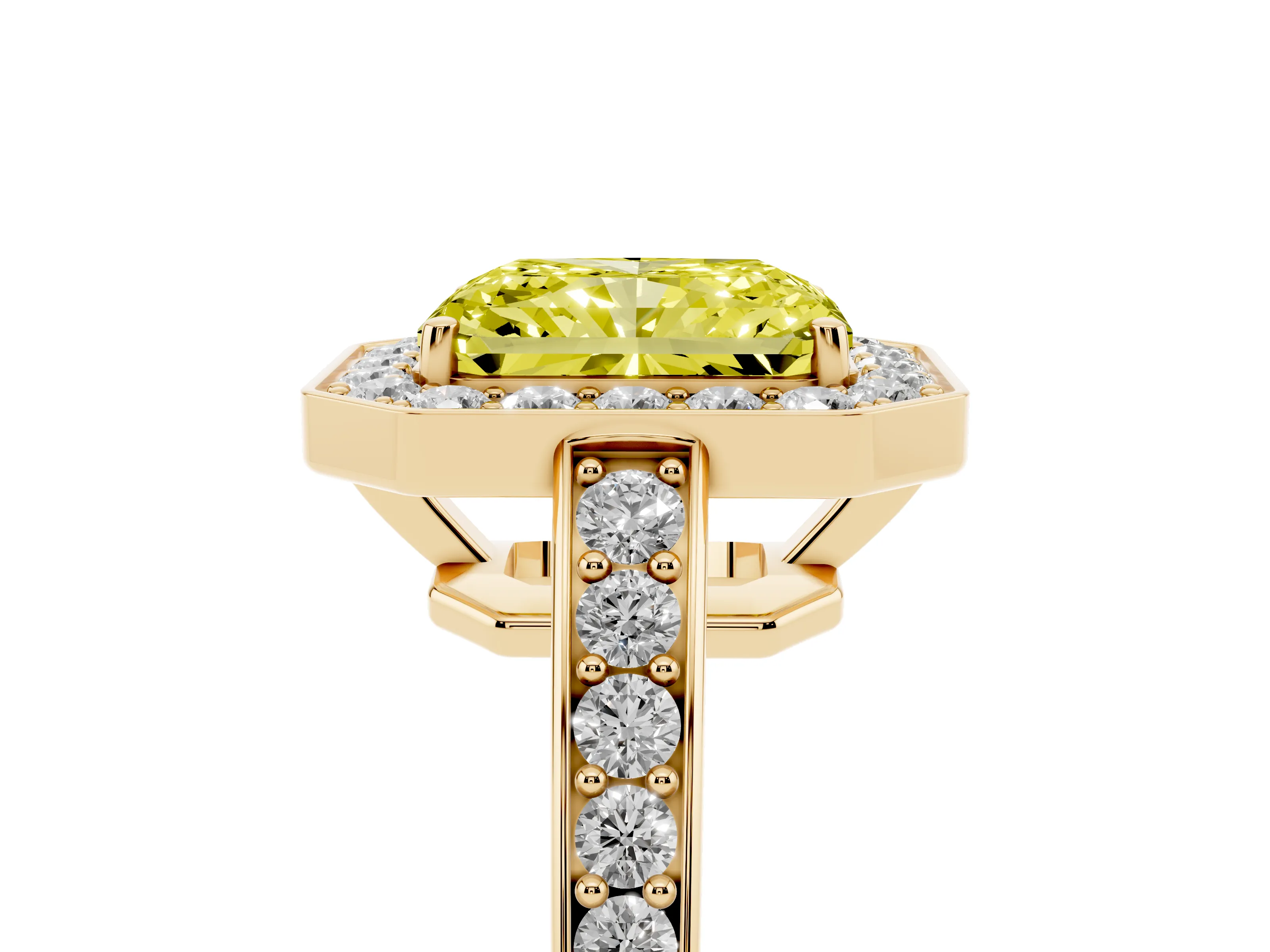 Fancy Yellow Radiant Cut Diamond Halo Pavé Engagement Ring Set in Yellow gold with Bezel Setting
