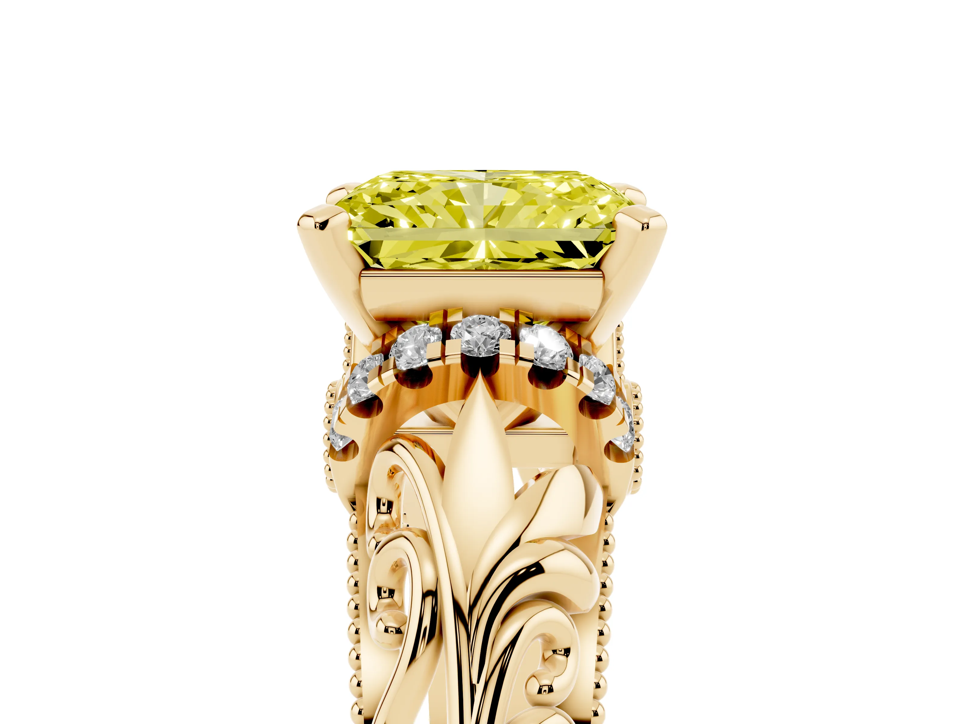 Fancy Yellow Radiant Cut Diamond Filigree Halo Engagement Ring Set in Yellow gold with Prong Setting