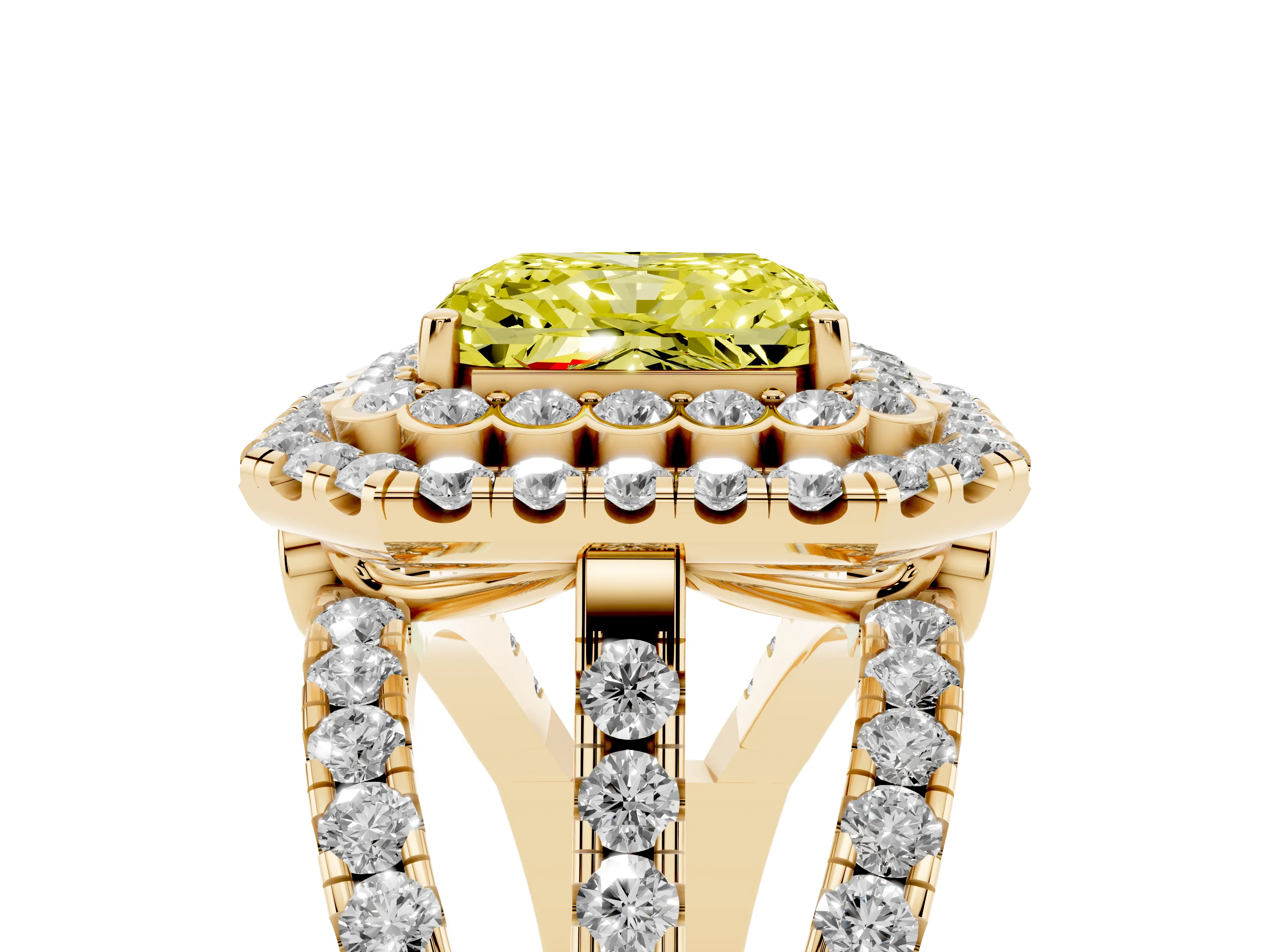Fancy Yellow Radiant Cut Diamond Double Halo Ring Set in Yellow gold with Round Pavé Split Shank