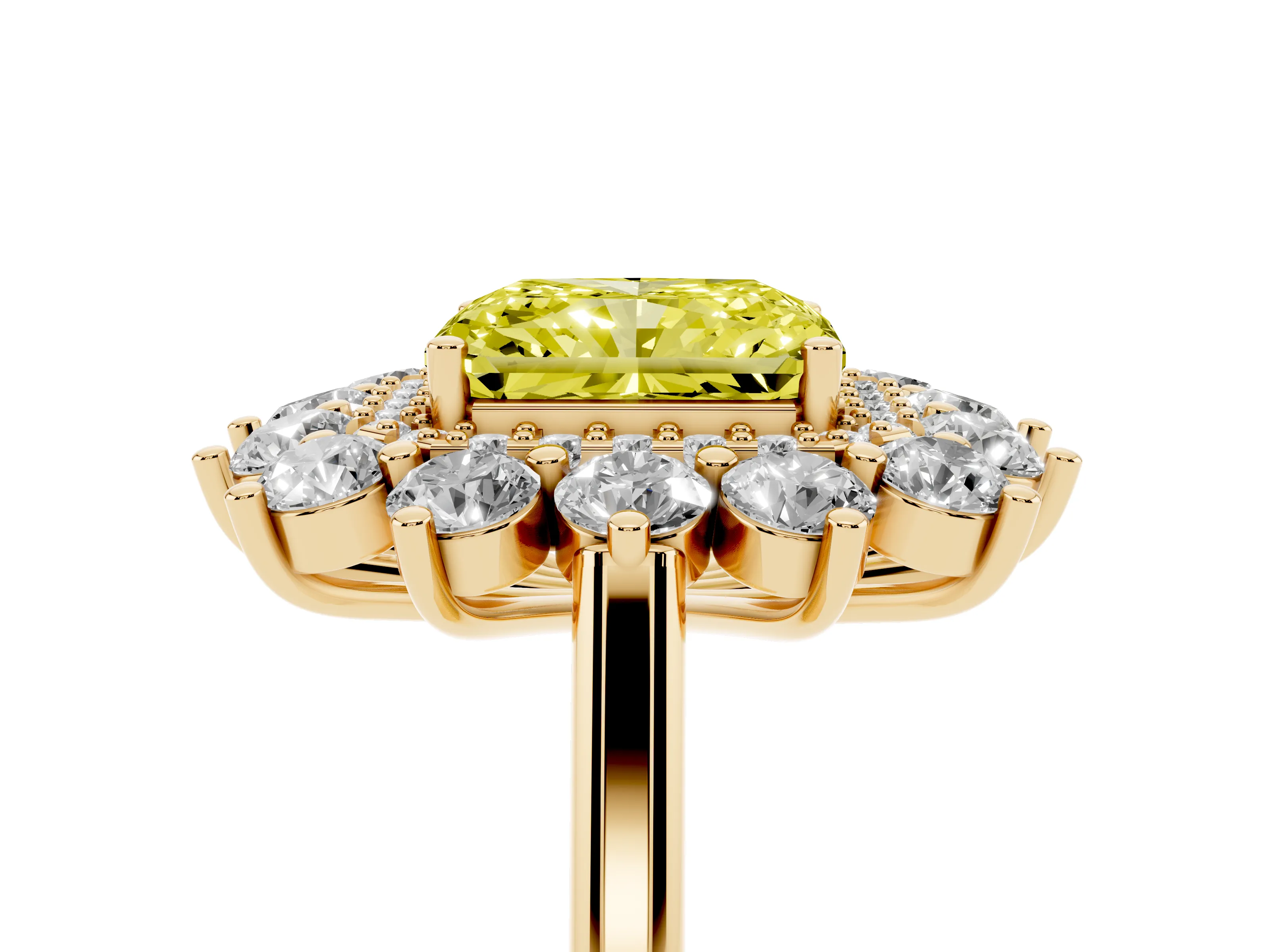 Fancy Yellow Radiant Cut Diamond Floral Double Halo Ring Set in Yellow gold with Round Petals