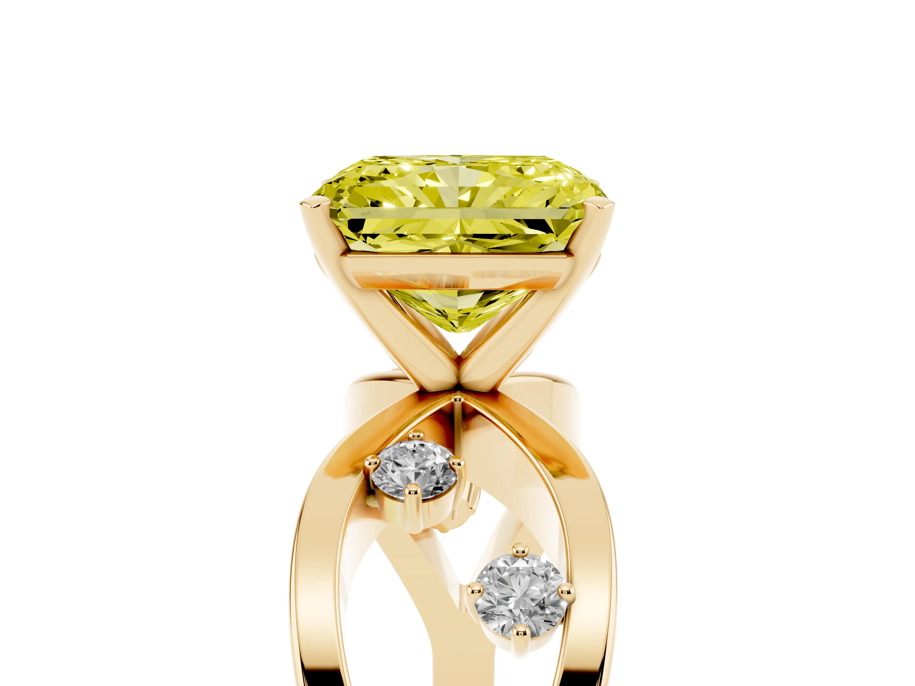 Fancy Yellow Radiant Cut Diamond Solitaire Ring Set in Yellow gold with Side Stones on Criss-Cross Band and Prong Setting