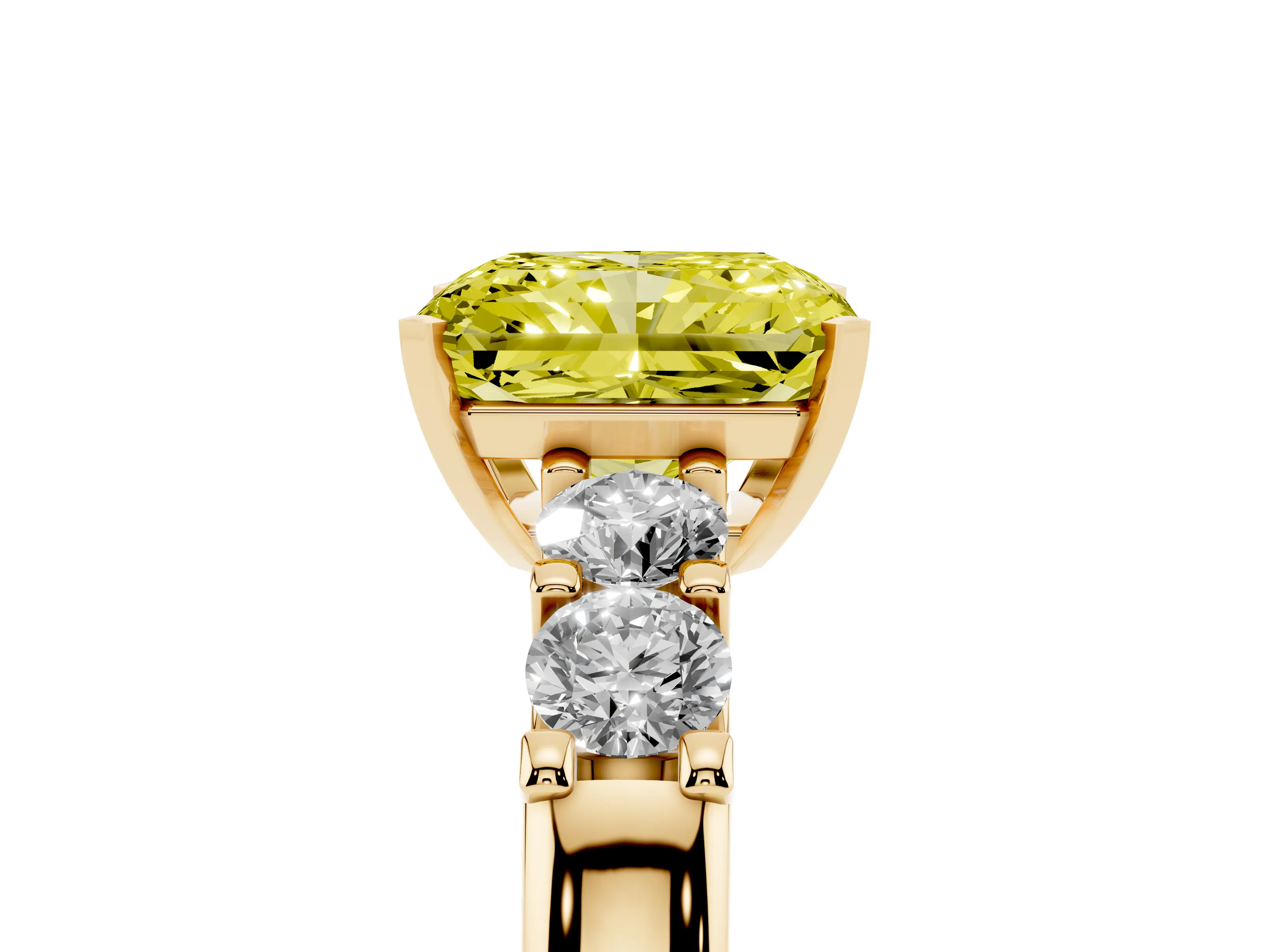 Fancy Yellow Radiant Cut Diamond Five-Stone Prong Set Engagement Ring Set in Yellow gold with Channel Band