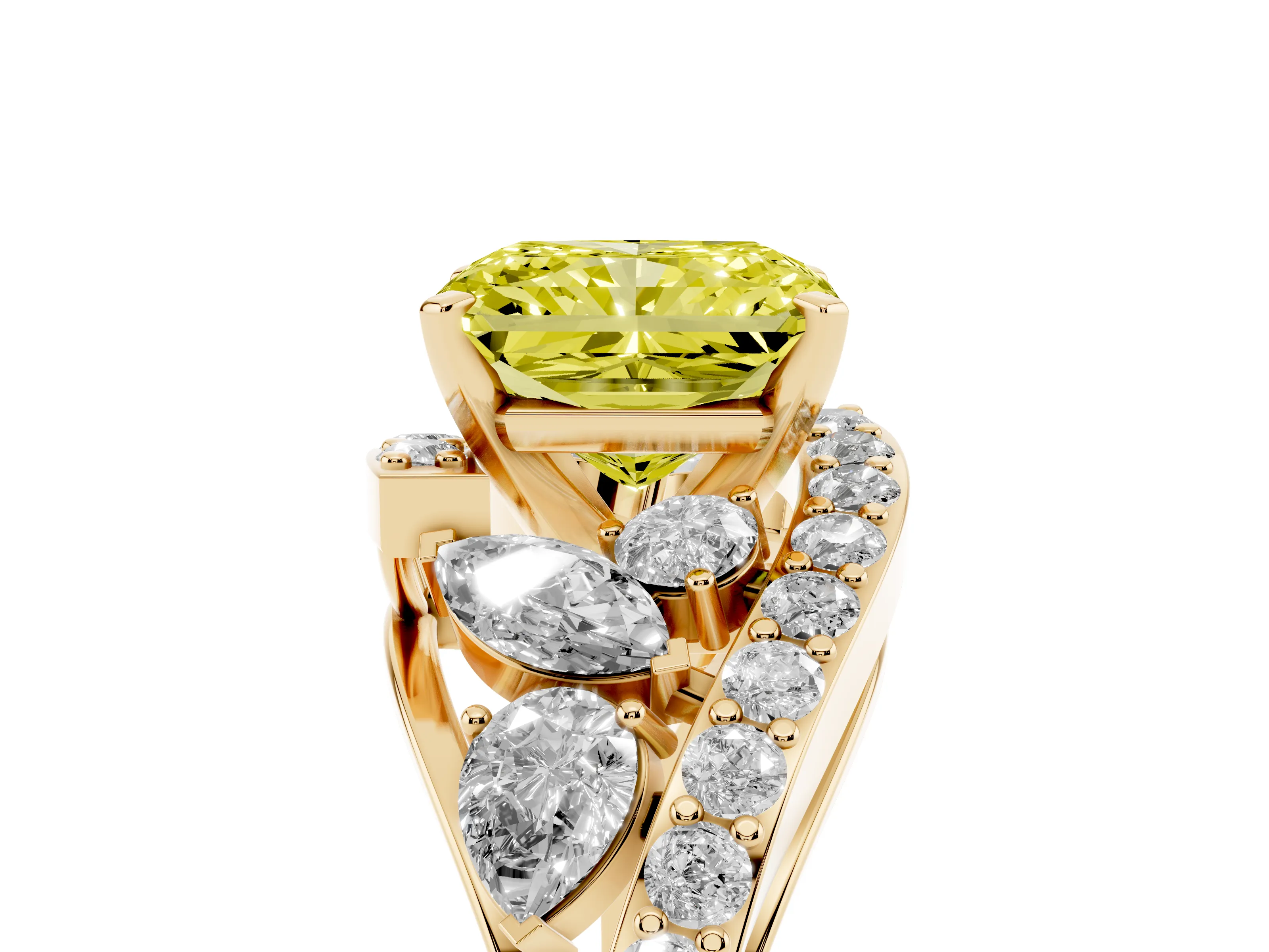 Fancy Yellow Radiant Cut Diamond Halo Ring Set in Yellow gold with Marquise and Pavé Band in Prong Setting