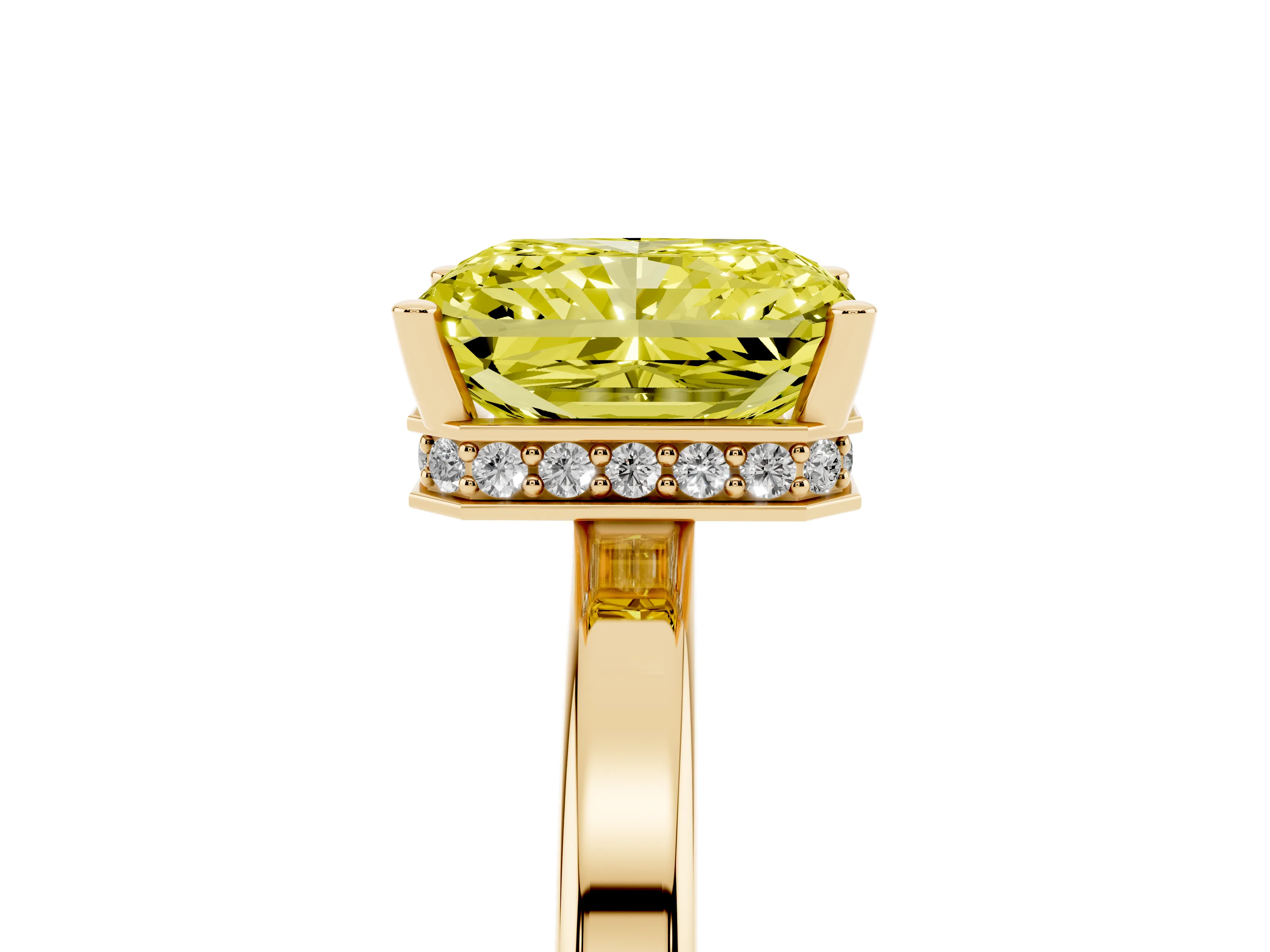 Fancy Yellow Radiant Cut Diamond Solitaire Engagement Ring Set in Yellow gold with Prong Setting on a Plain Band