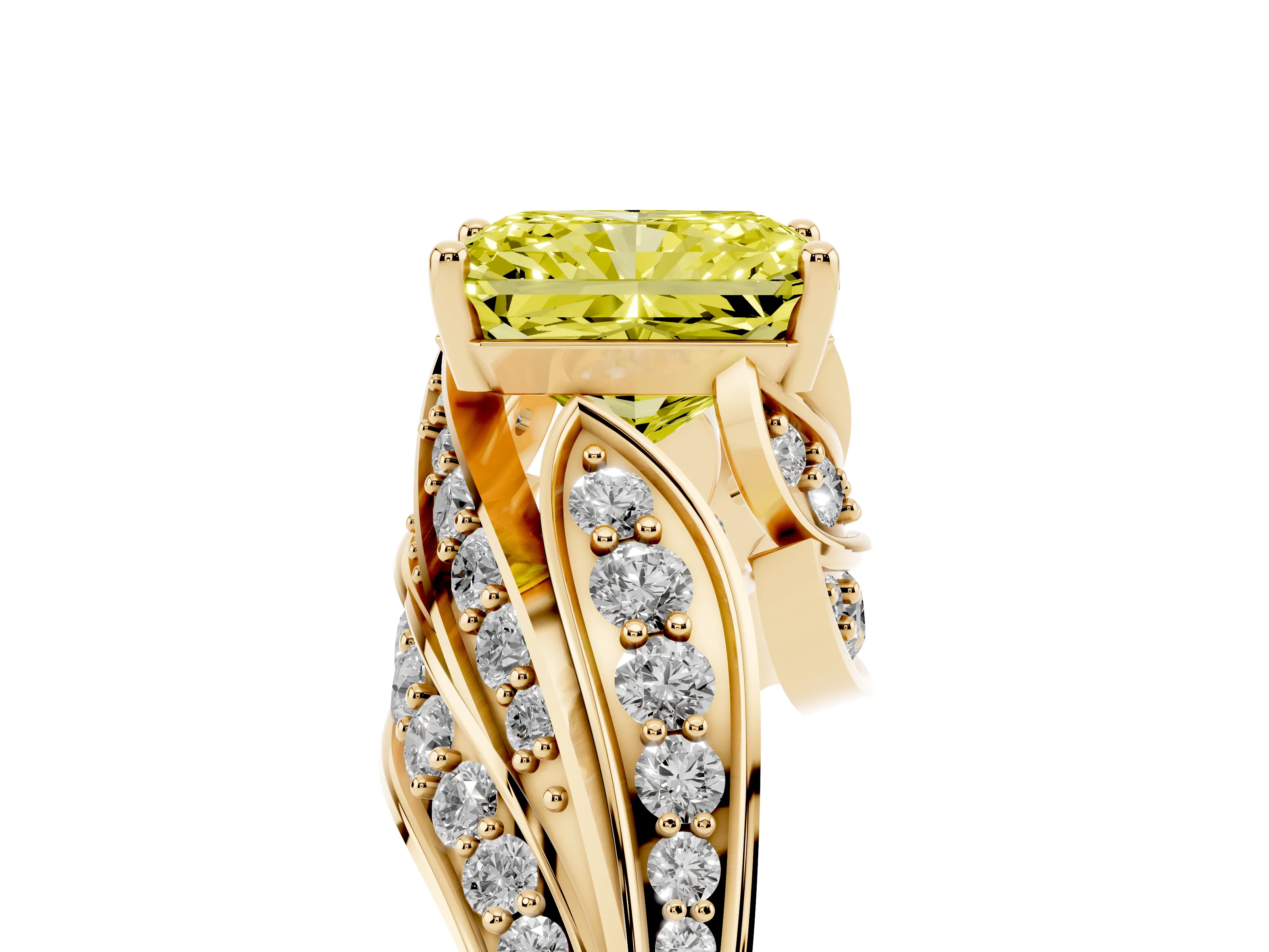 Fancy Yellow Radiant Cut Diamond Solitaire Ring Set in Yellow gold with Layered Twist Pavé Band
