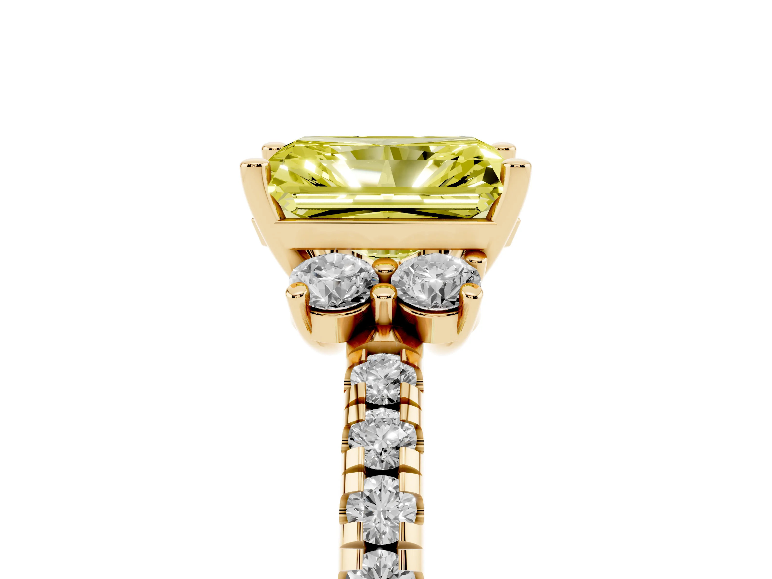 Fancy Yellow Radiant Cut Diamond Three-Stone Pavé Ring Set in Yellow gold with Prong Setting
