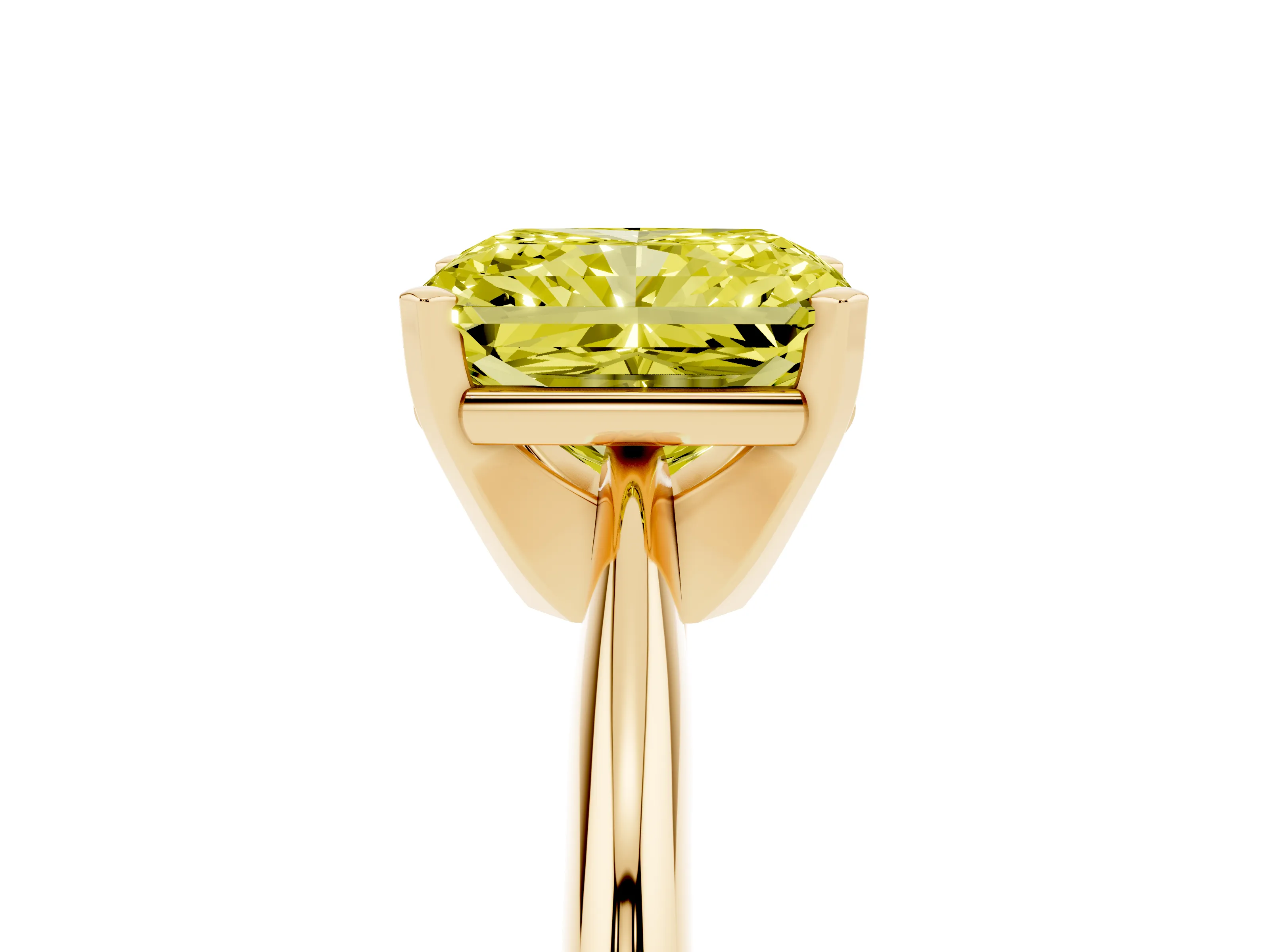 Fancy Yellow Radiant Cut Diamond Solitaire Ring Set in Yellow gold with Prong Setting on a Plain Round Band
