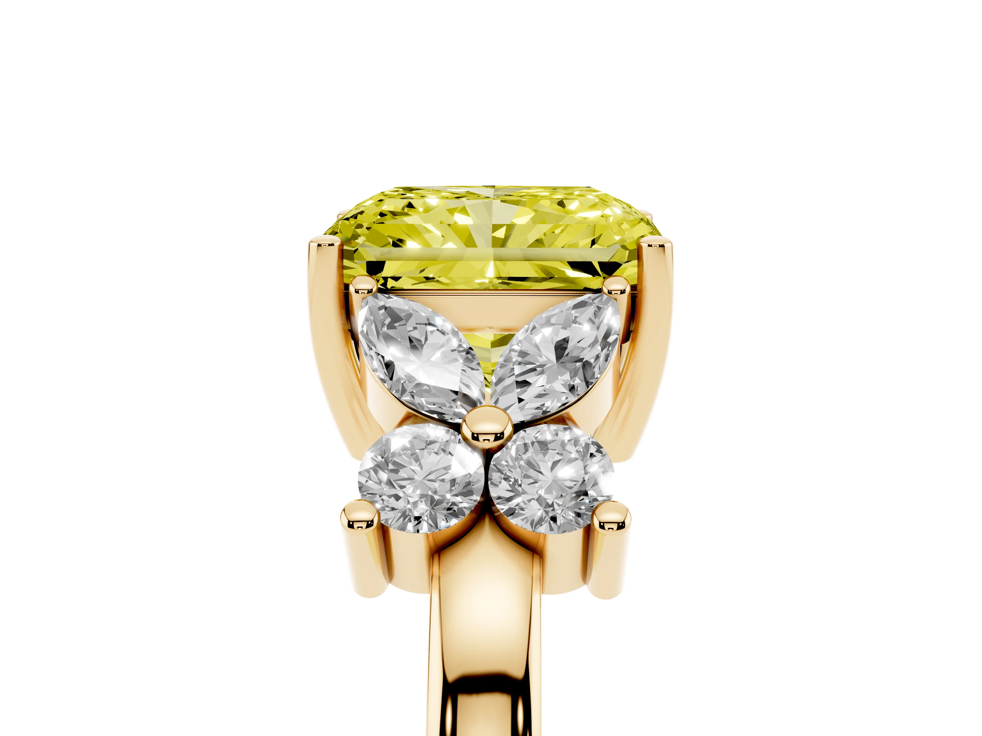 Fancy Yellow Radiant Cut Diamond Floral Cluster Ring Set in Yellow gold with Marquise Petals and Prong Setting