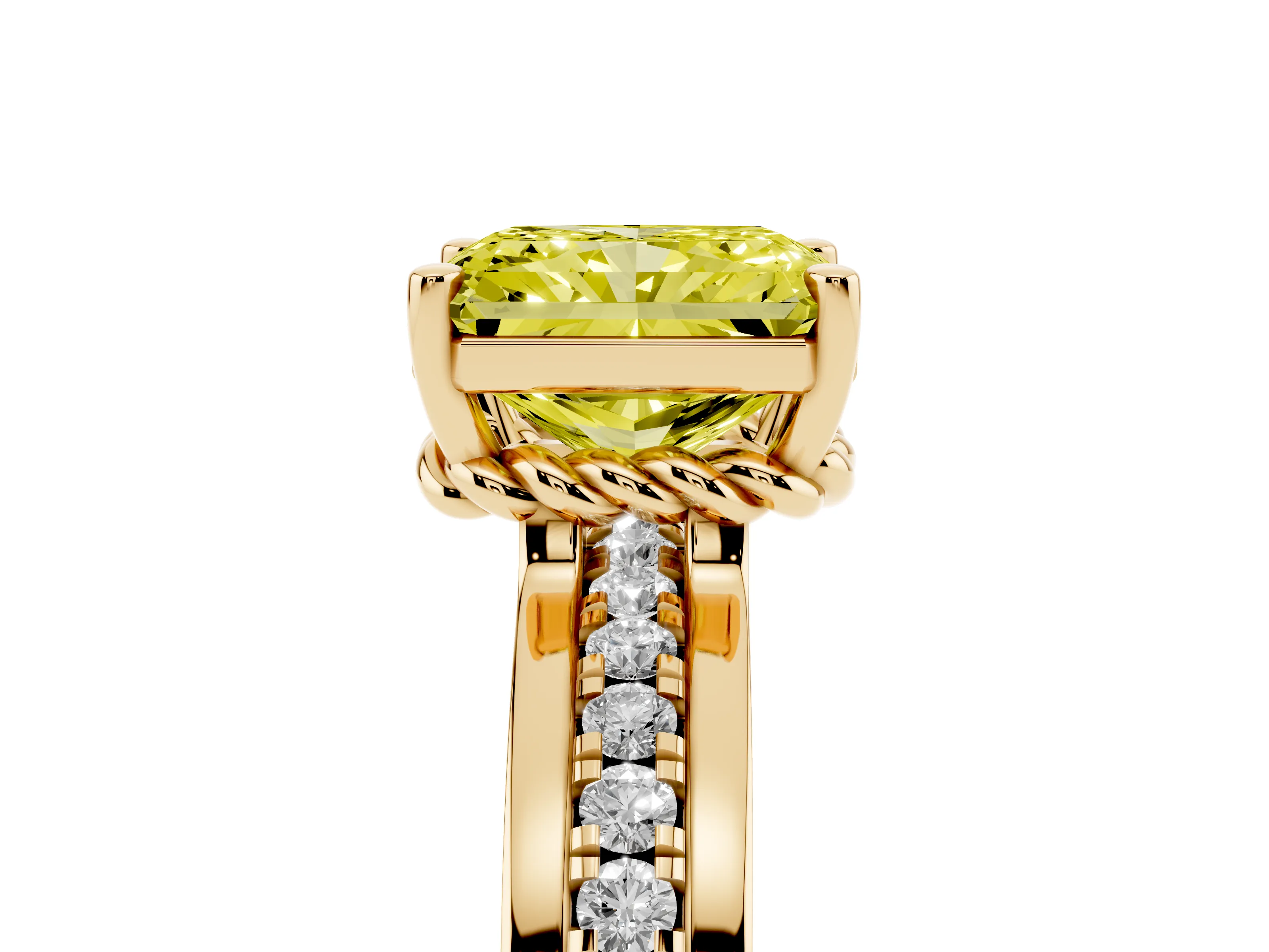 Fancy Yellow Radiant Cut Diamond Solitaire Ring Set in Yellow gold with Channel Set Band and Prong Setting