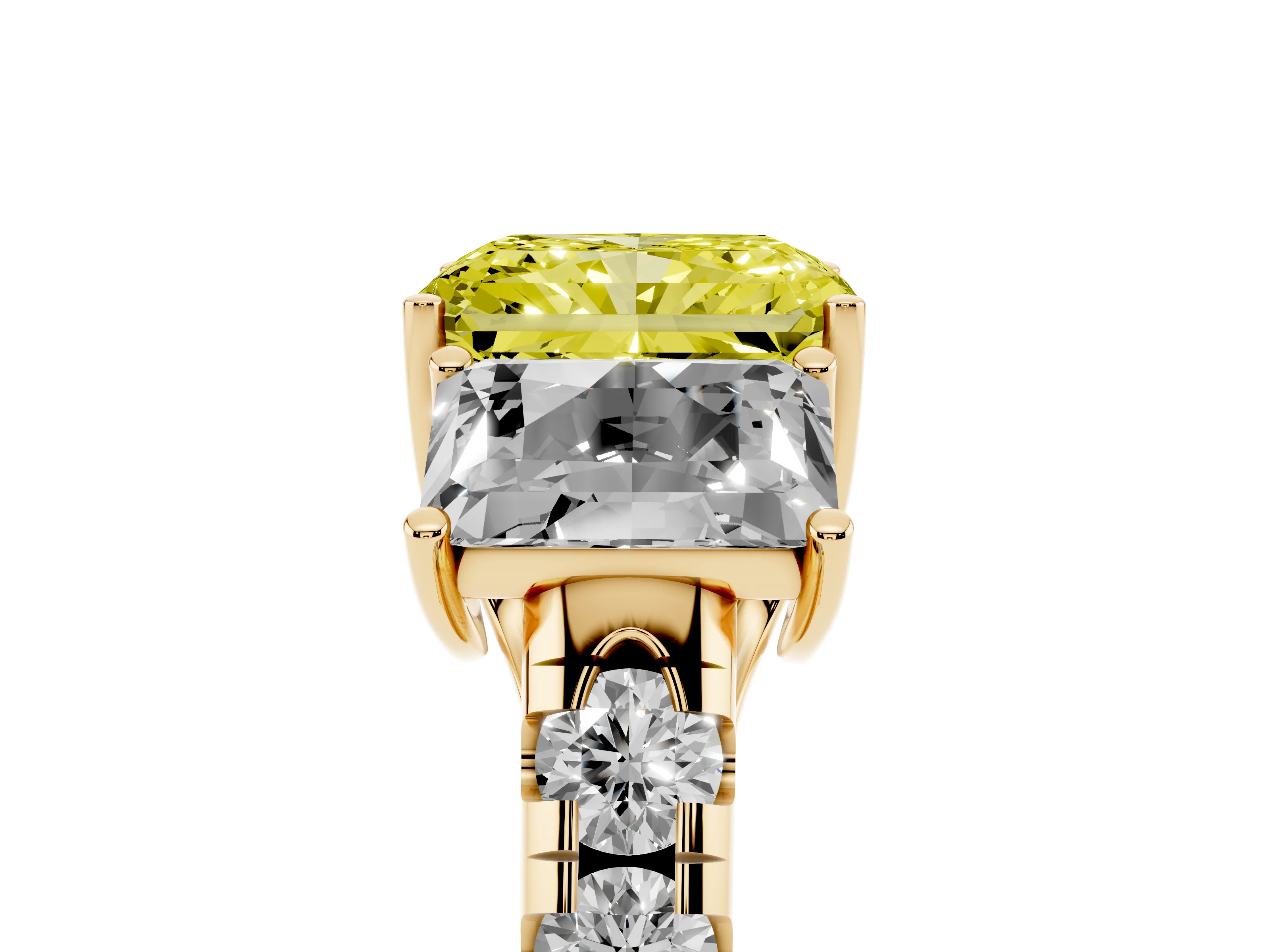 Fancy Yellow Radiant Cut Diamond Three-Stone Ring Set in Yellow gold with Pavé Band