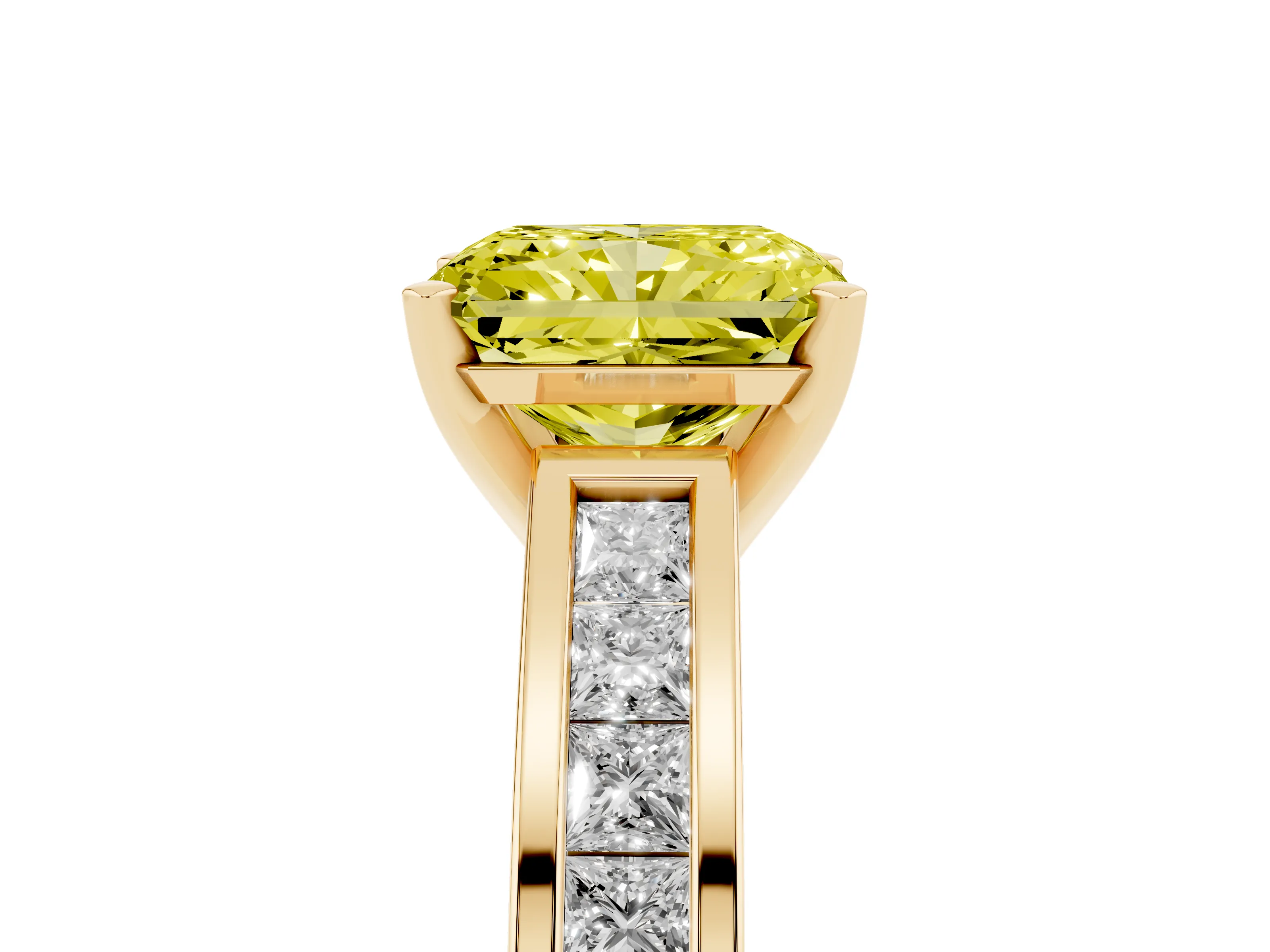 Fancy Yellow Radiant Cut Diamond Solitaire Ring Set in Yellow gold with Channel-Set Band and Prong Setting