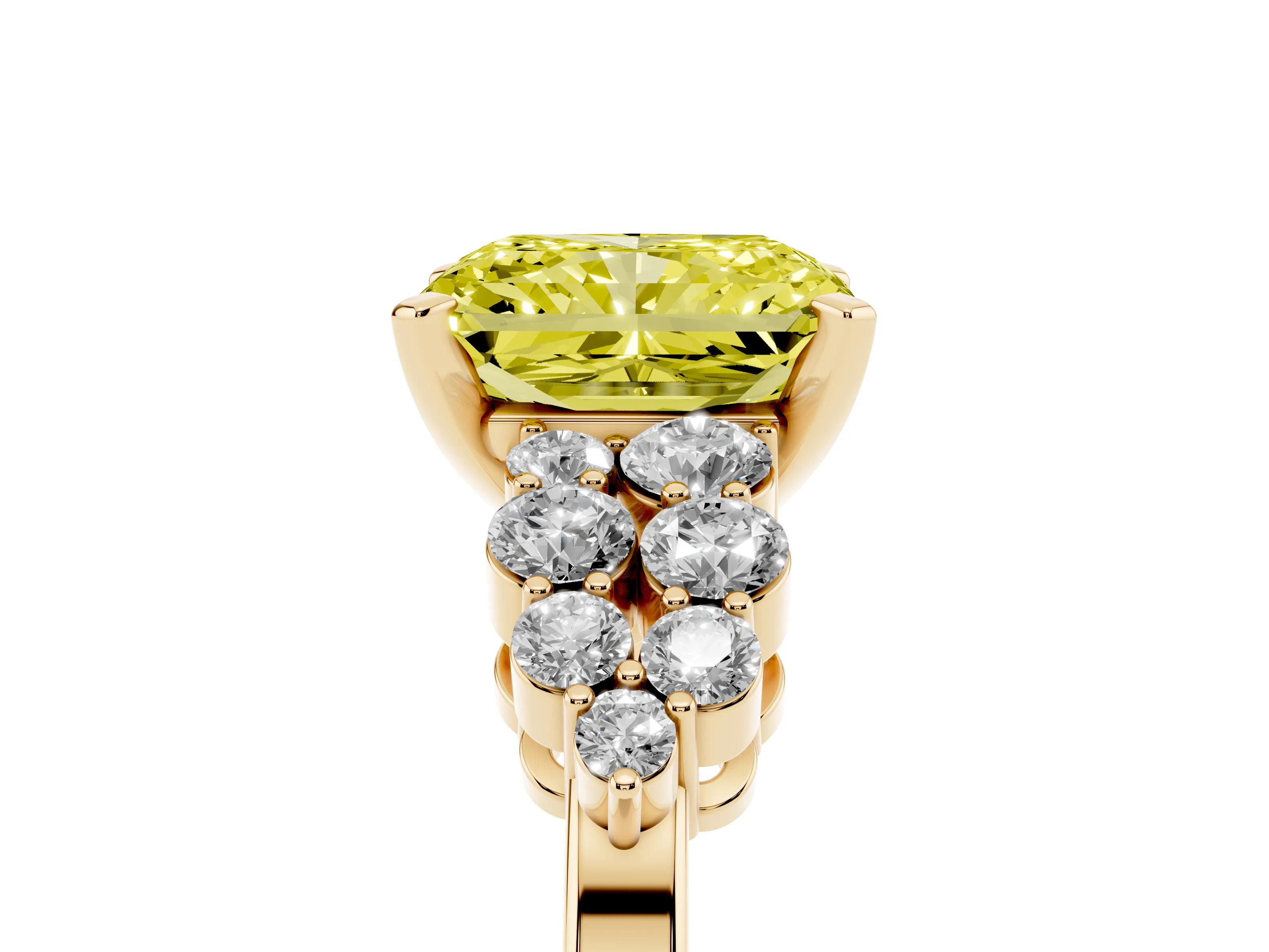 Fancy Yellow Radiant Cut Diamond Cluster Engagement Ring Set in Yellow gold with Pavé Band and Prong Setting