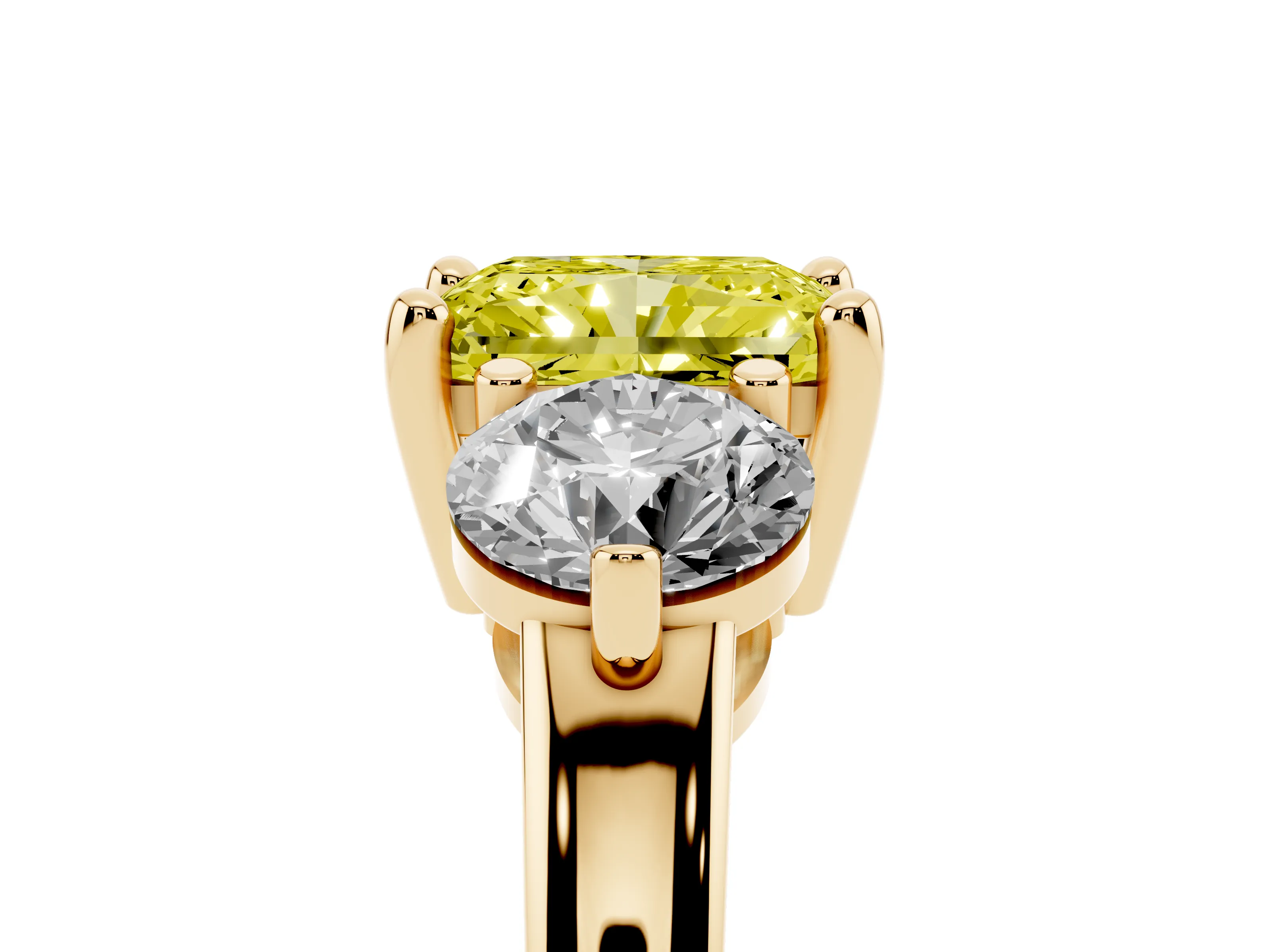 Fancy Yellow Radiant Cut Diamond Three-Stone Ring Set in Yellow gold with Prong Setting and Classic Band
