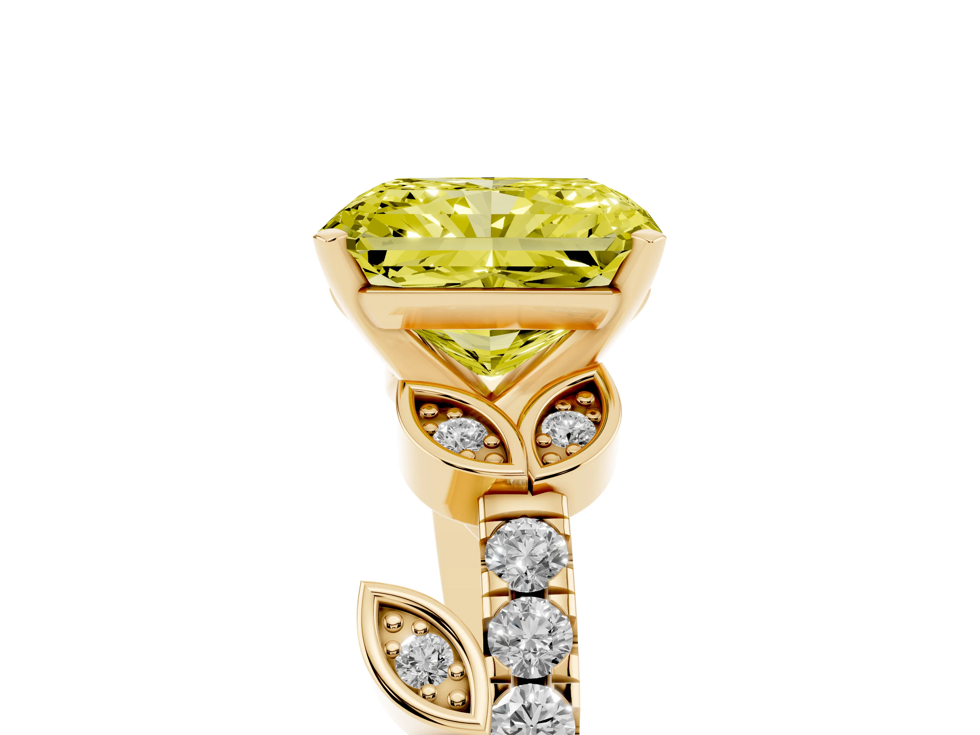 Fancy Yellow Radiant Cut Diamond Solitaire Leaf-Inspired Ring Set in Yellow gold with Pavé Band and Prong Setting