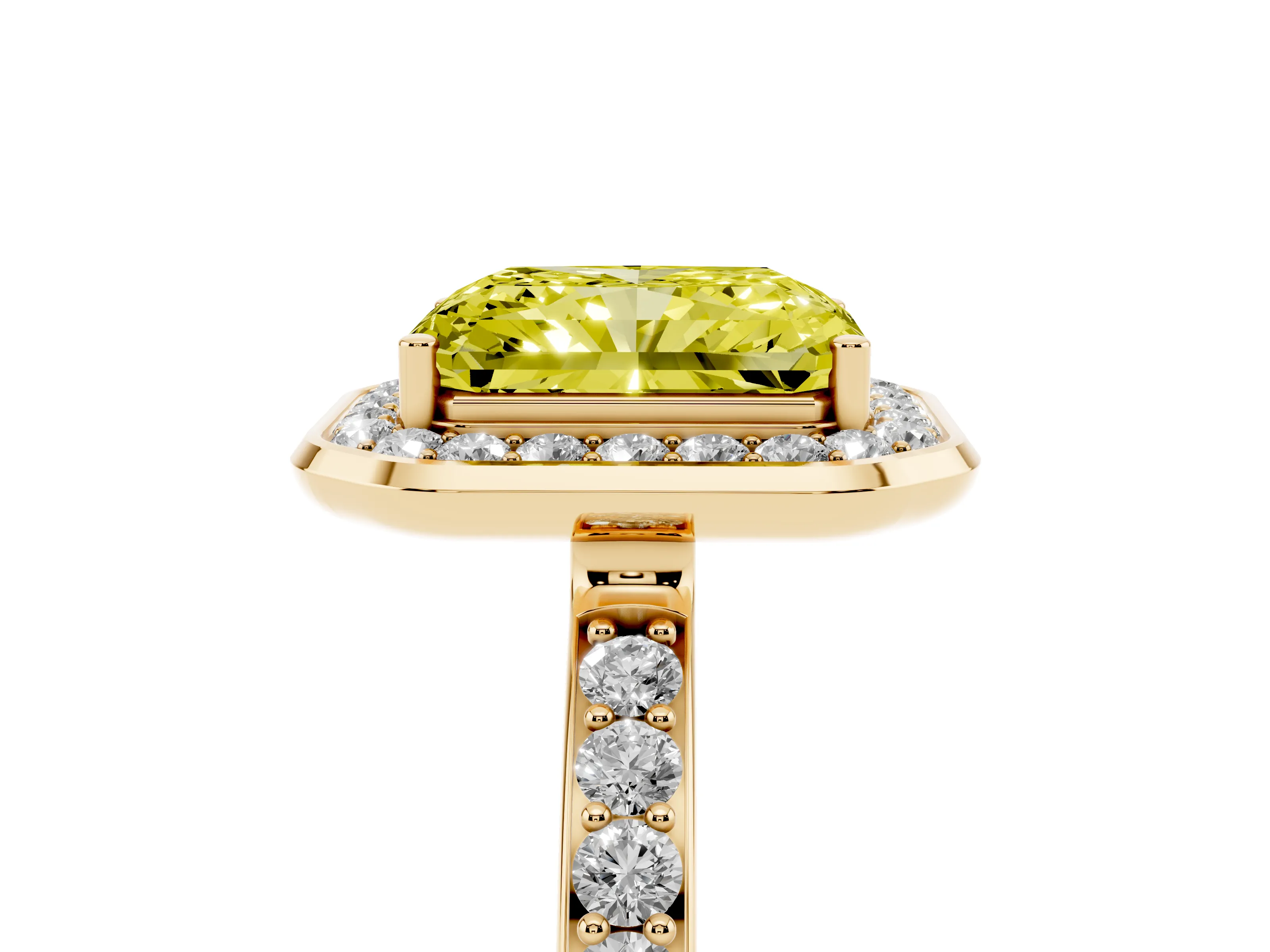 Fancy Yellow Radiant Cut Diamond Halo Ring Set in Yellow gold with Bezel Frame and Pavé Band