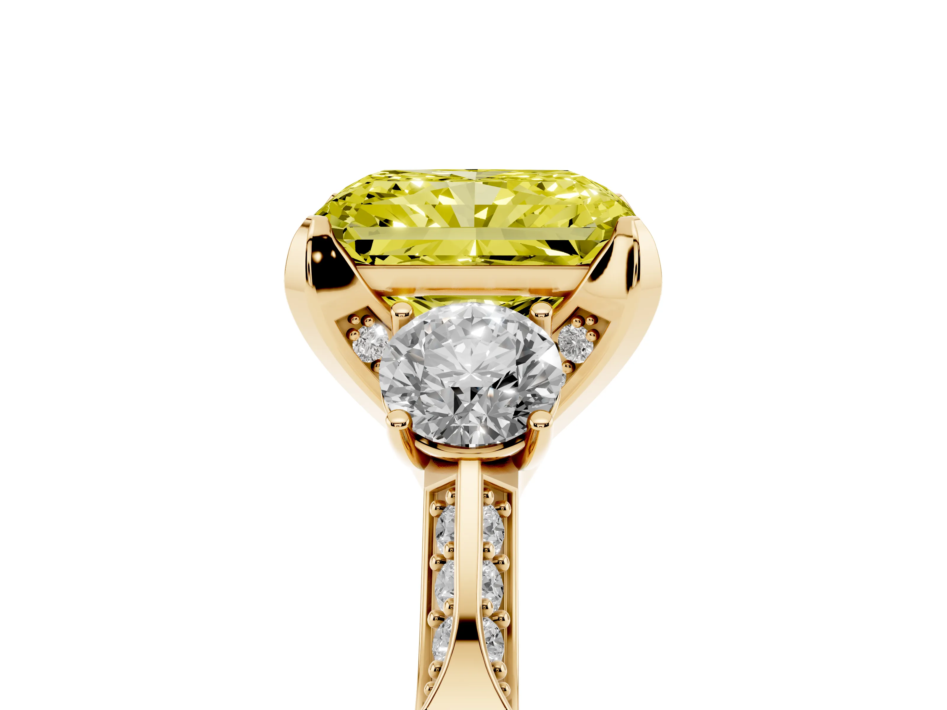 Fancy Yellow Radiant Cut Diamond Three-Stone Ring Set in Yellow gold with Pavé Band and Smaller Side Stones