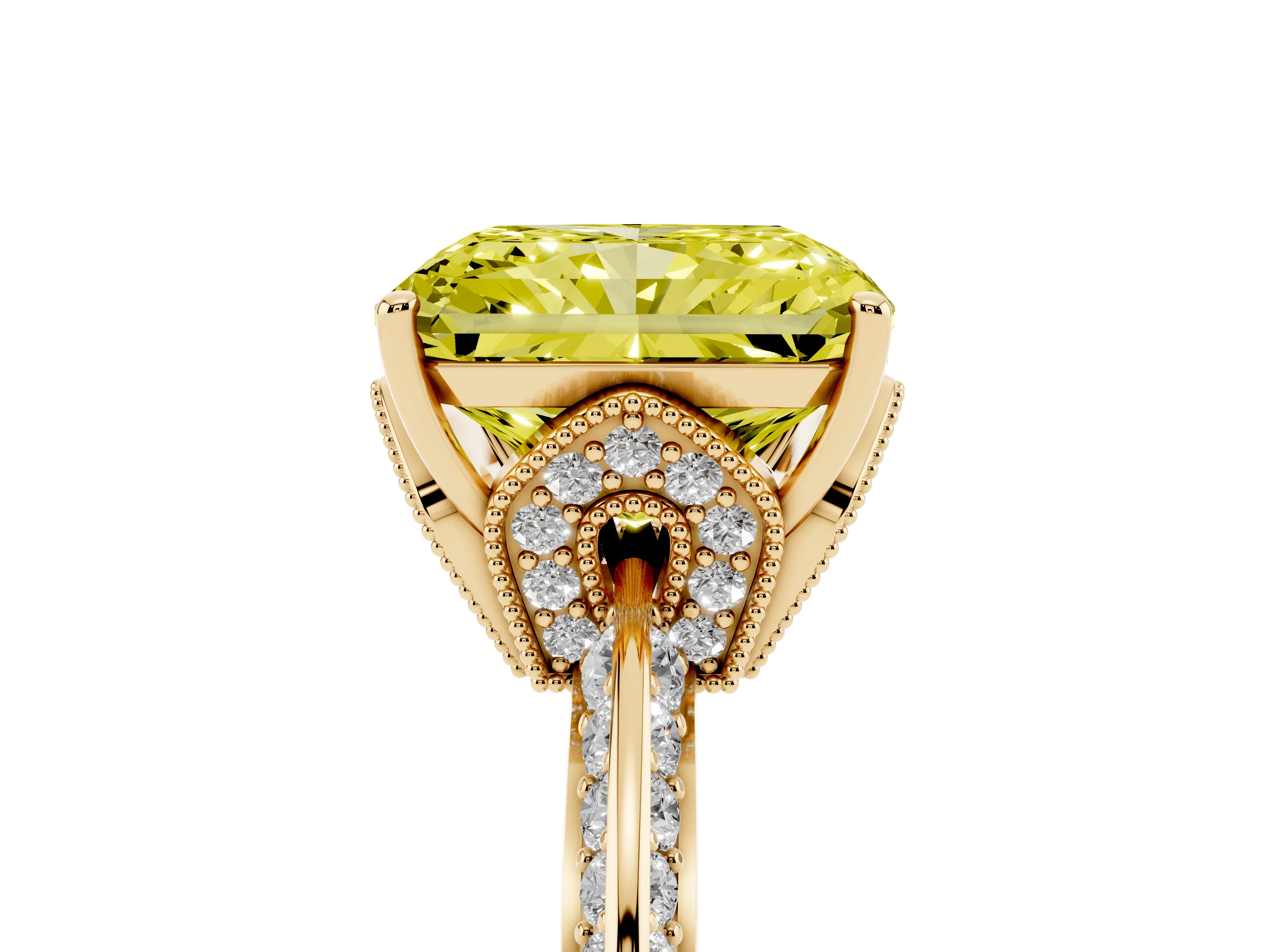 Fancy Yellow Radiant Cut Diamond Solitaire Engagement Ring Set in Yellow gold with Pavé Split Shank and Prong Setting