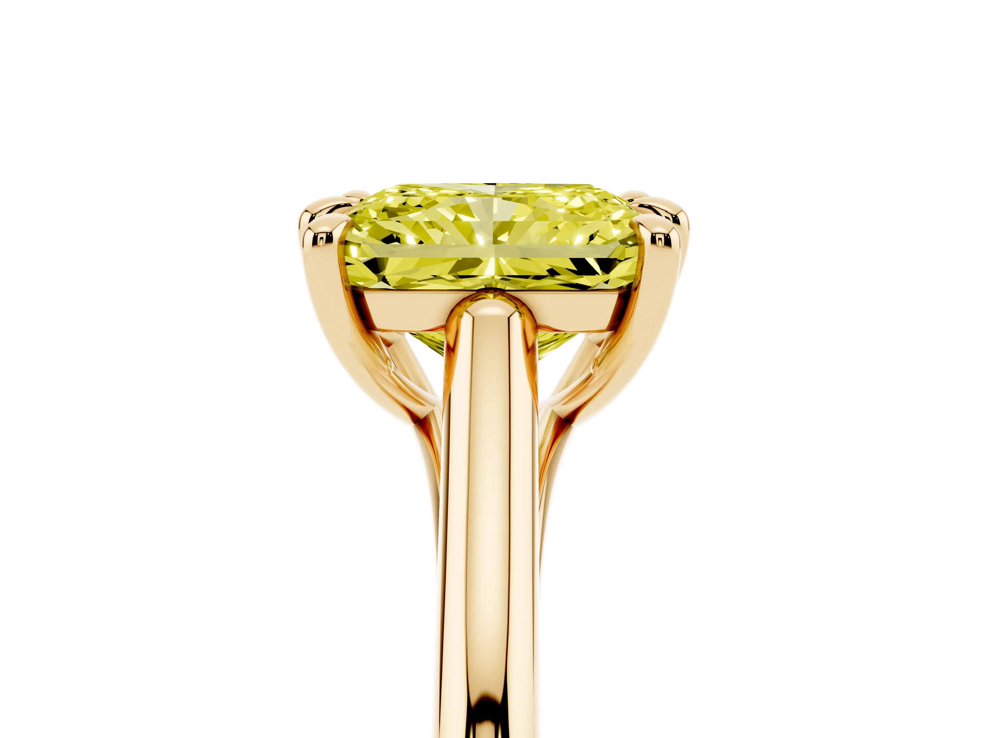 Fancy Yellow Radiant Cut Diamond Solitaire Engagement Ring Set in Yellow gold with Prong Setting and Plain Classic Band