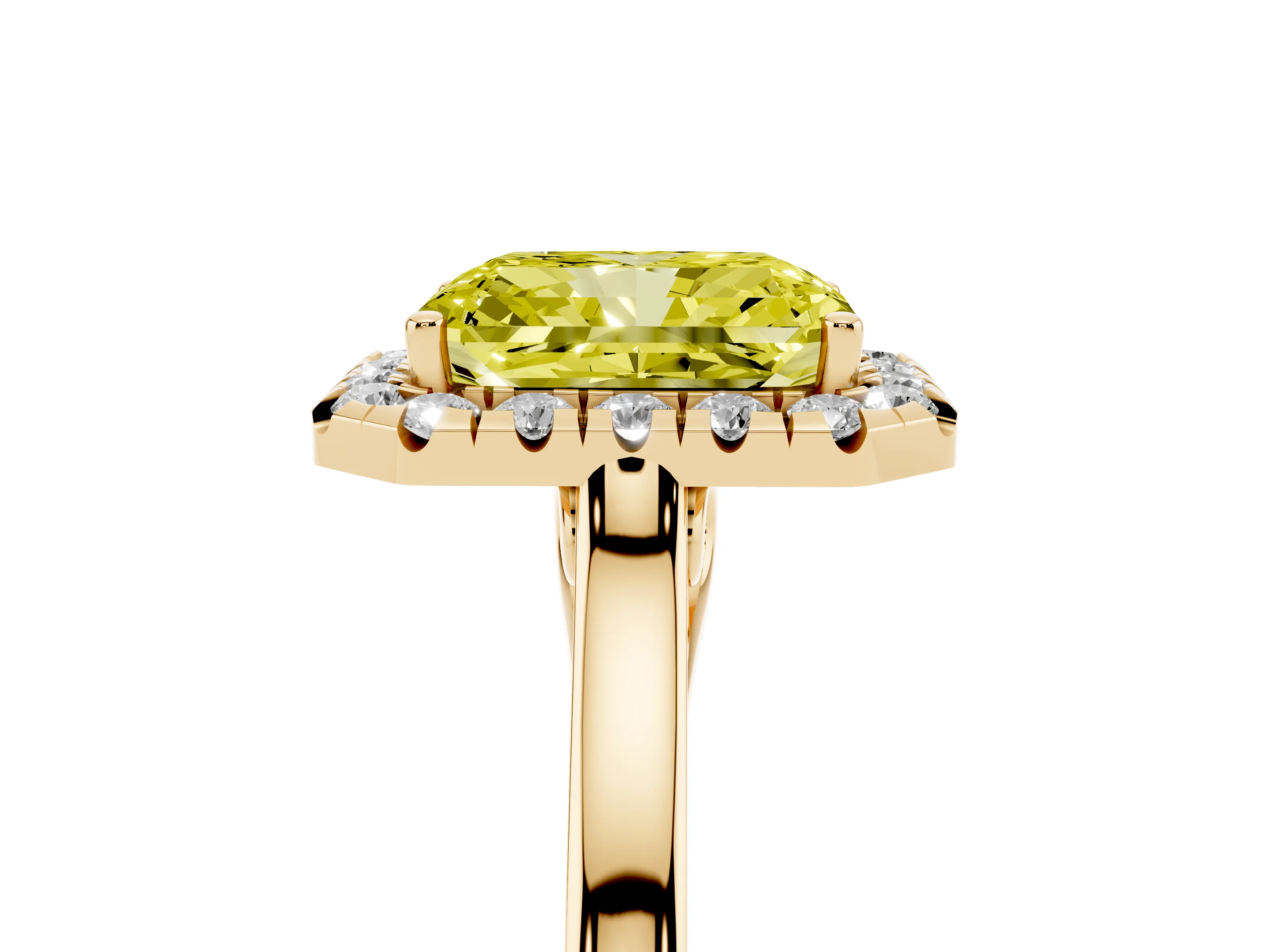 Fancy Yellow Radiant Cut Halo Round Diamond Solitaire Ring Set in Yellow gold with Pavé Band and Prong Setting