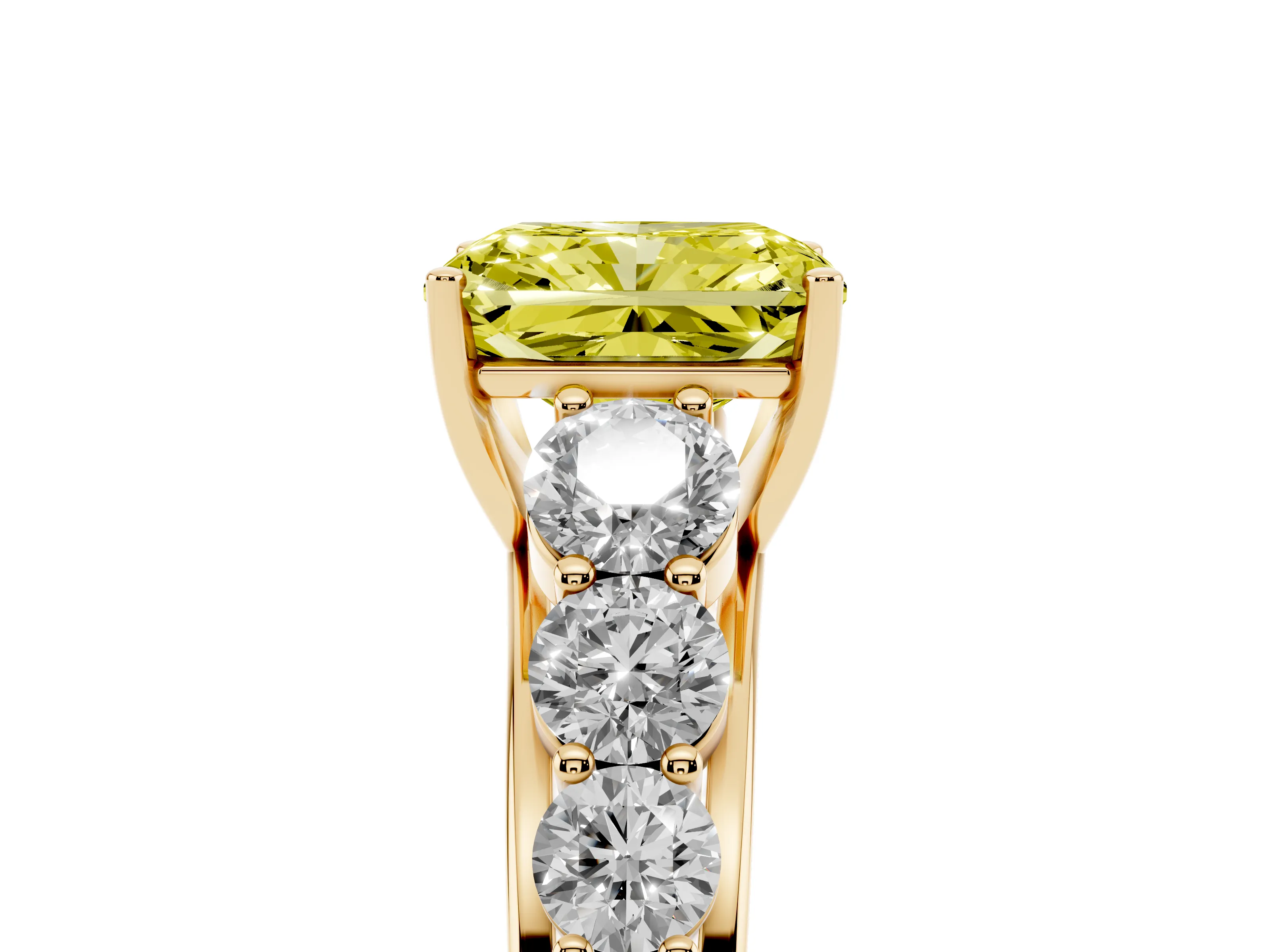 Fancy Yellow Radiant Cut Diamond Solitaire Ring Set in Yellow gold with Pavé-Set Band and Prong Setting
