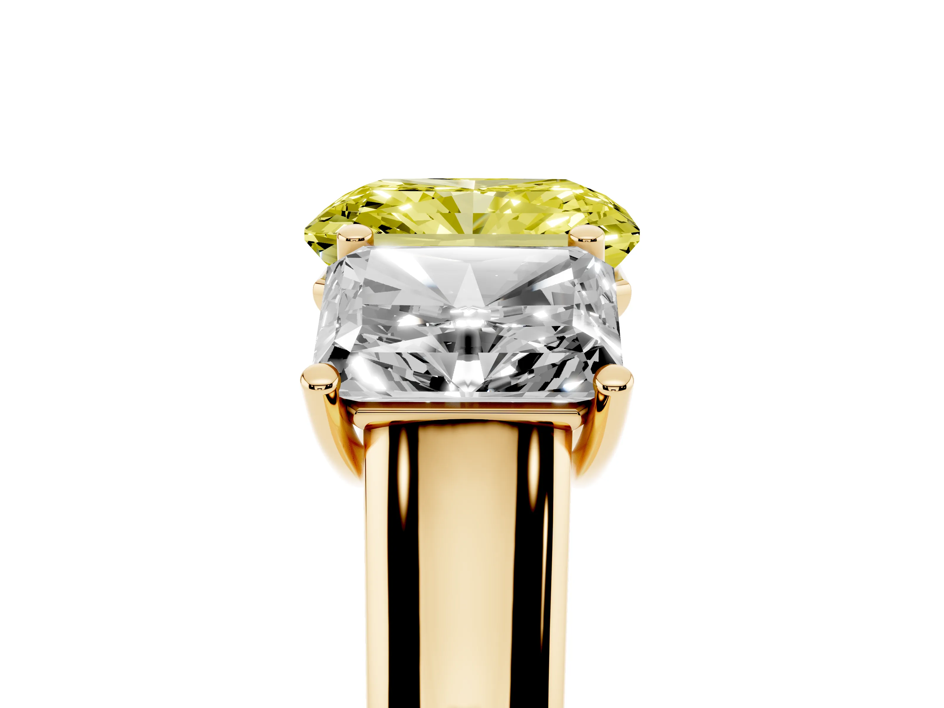 Fancy Yellow Radiant Cut Diamond Three-Stone Ring Set in Yellow gold with Plain Polished Band