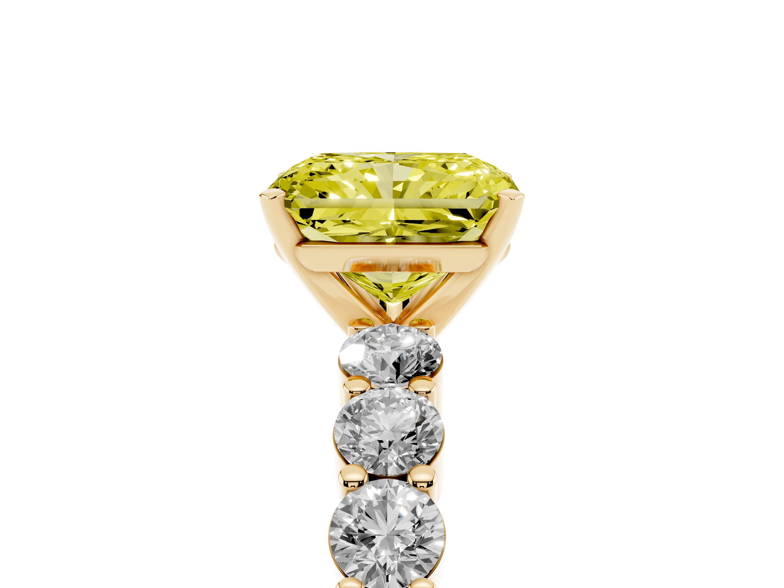 Fancy Yellow Radiant Cut Diamond Solitaire Ring Set in Yellow gold with Shared Prong Round Side Stones