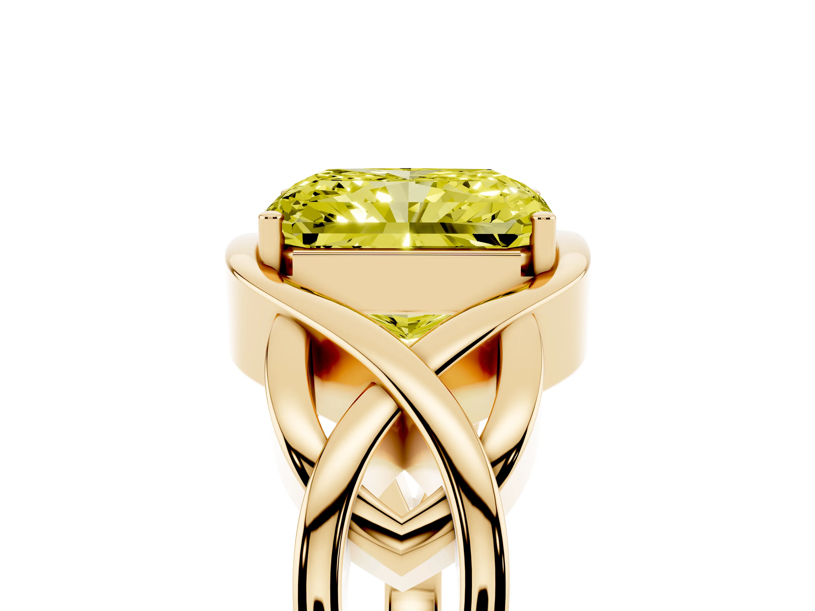 Fancy Yellow Radiant Cut Diamond Solitaire Ring Set in Yellow gold with Intertwined Band