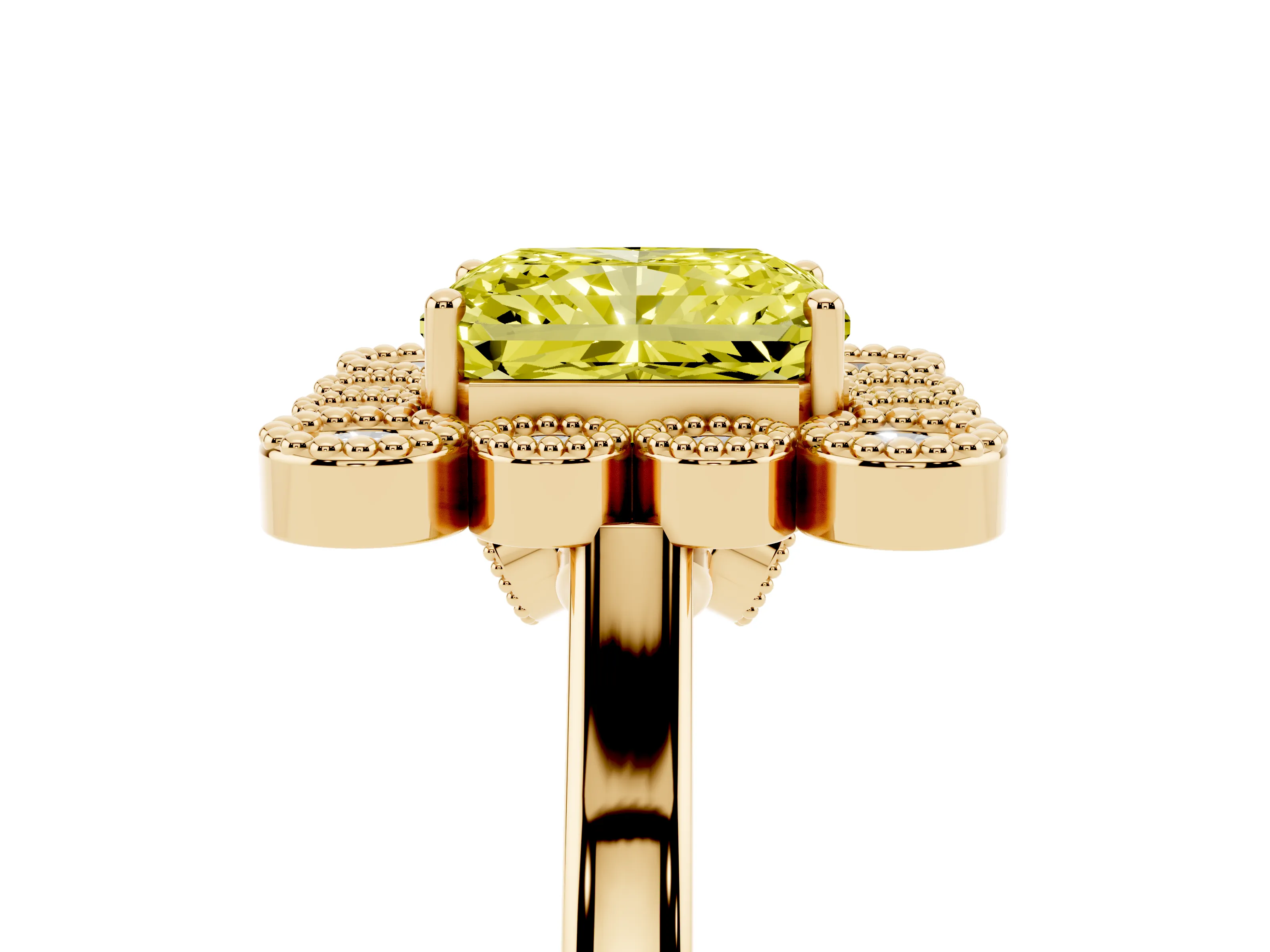 Fancy Yellow Radiant Cut Diamond Cluster Halo Ring Set in Yellow gold with Milgrain Bezel Accents and Plain Band