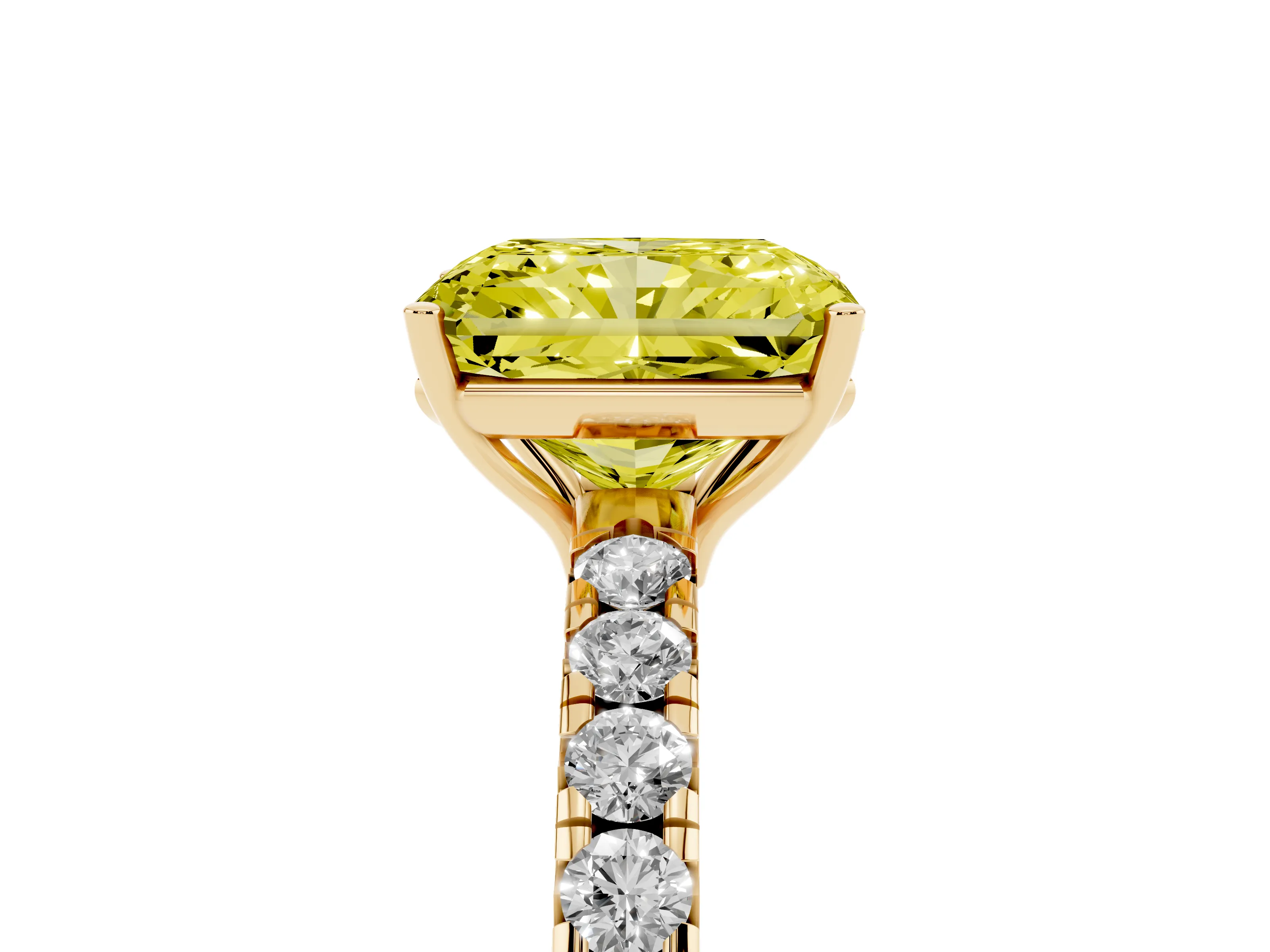 Fancy Yellow Radiant Cut Diamond Pavé Solitaire Engagement Ring Set in Yellow gold with Prong Setting