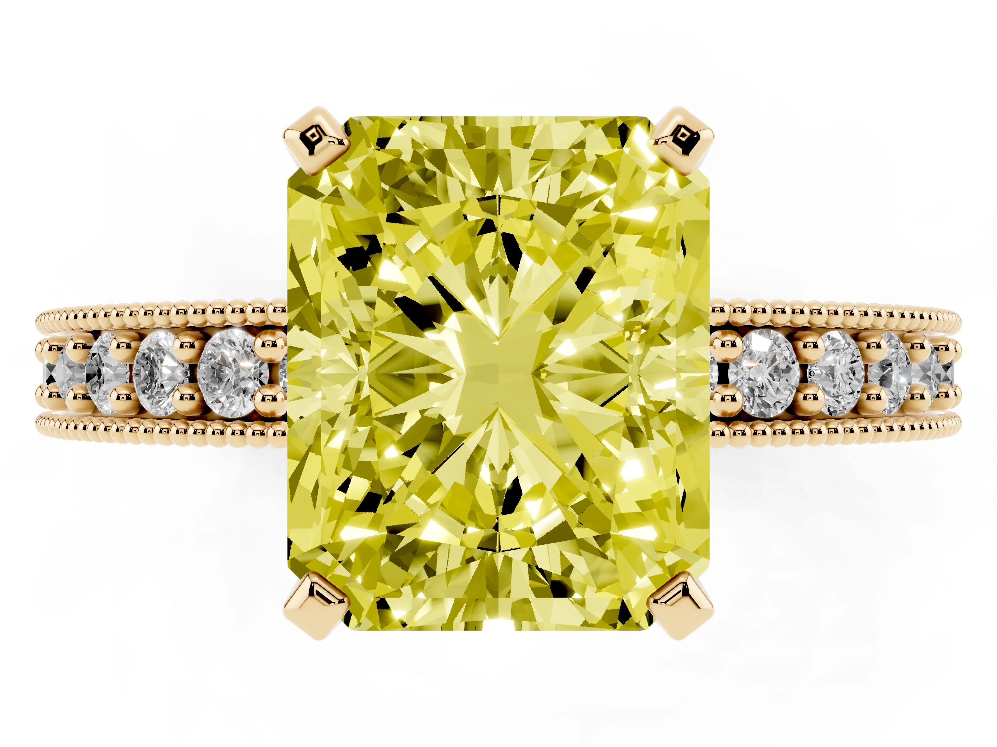 Fancy Yellow Radiant Cut Diamond Milgrain Pavé Engagement Ring Set in Yellow gold with Prong Setting