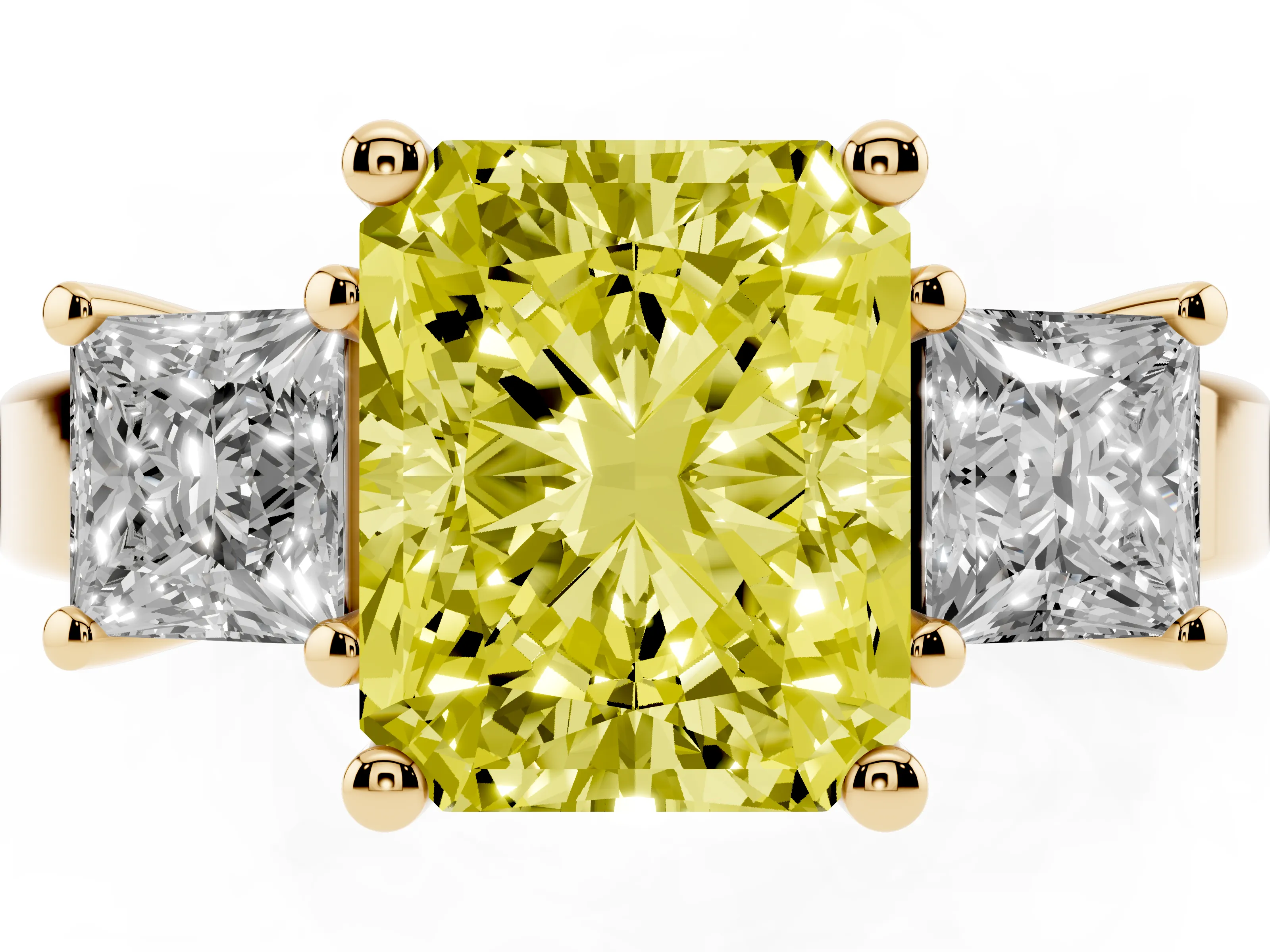 Fancy Yellow Three-Stone Radiant Cut Diamond Solitaire Ring Set in Yellow gold with Prong Setting