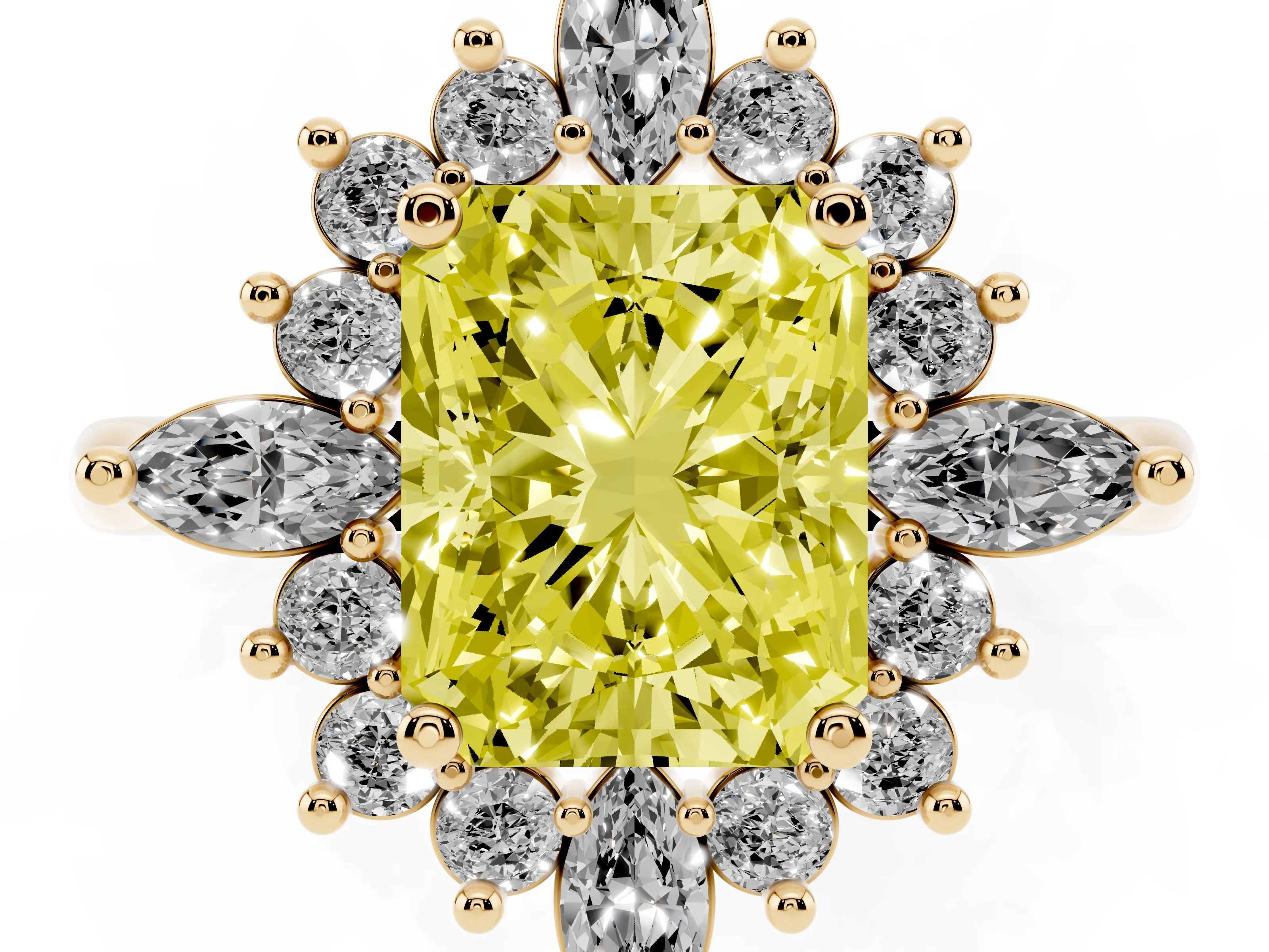 Fancy Yellow Radiant Cut Diamond Cluster Halo Ring Set in Yellow gold with Marquise and Round Accents