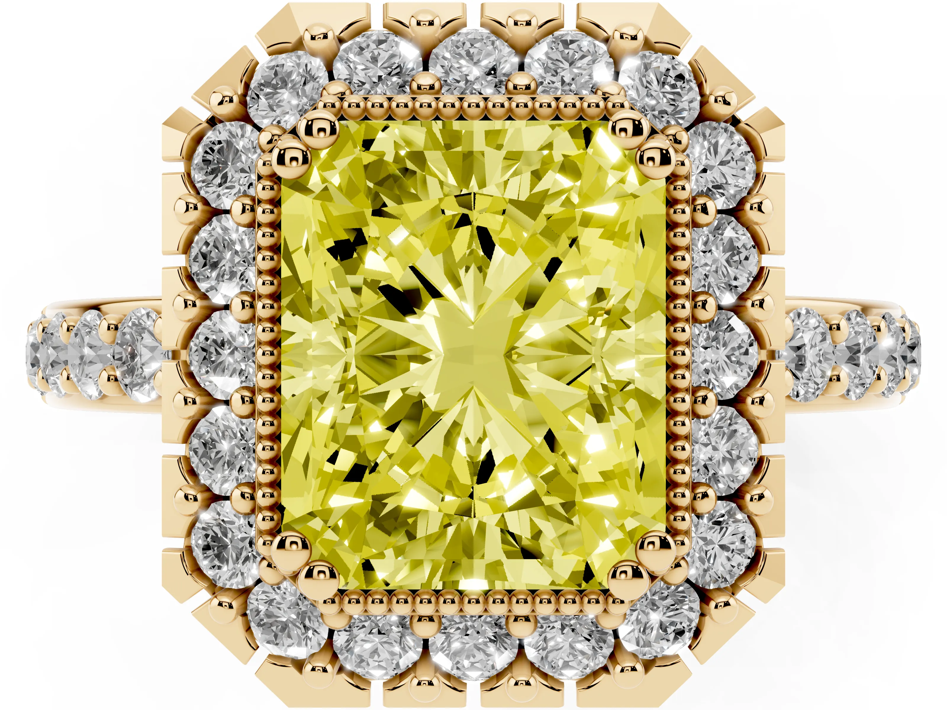 Fancy Yellow Radiant Cut Diamond Halo Ring Set in Yellow gold with Pavé Shank and Prong Setting