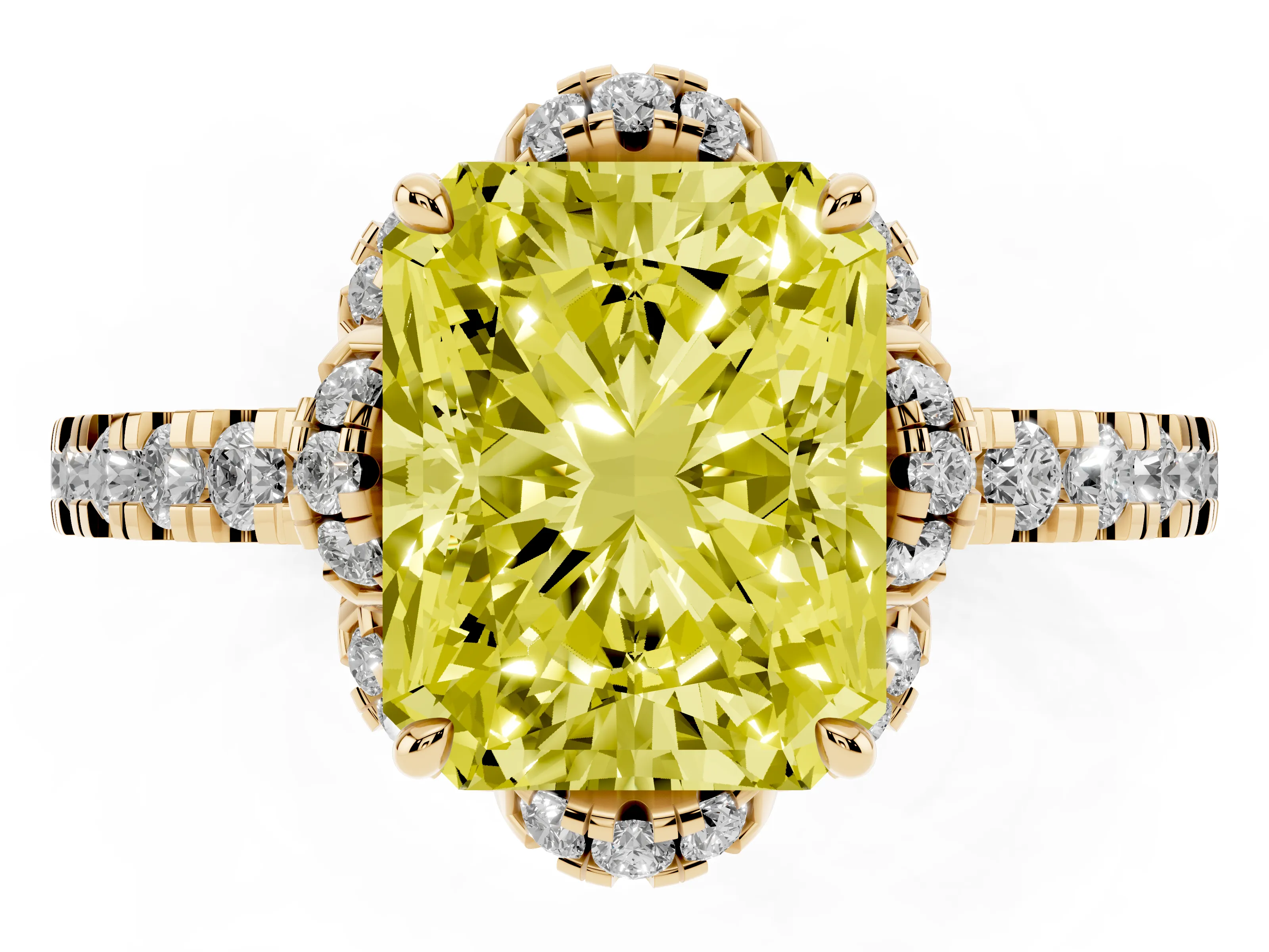 Fancy Yellow Radiant Cut Diamond Halo Pavé Band Ring Set in Yellow gold with Prong-Held Center