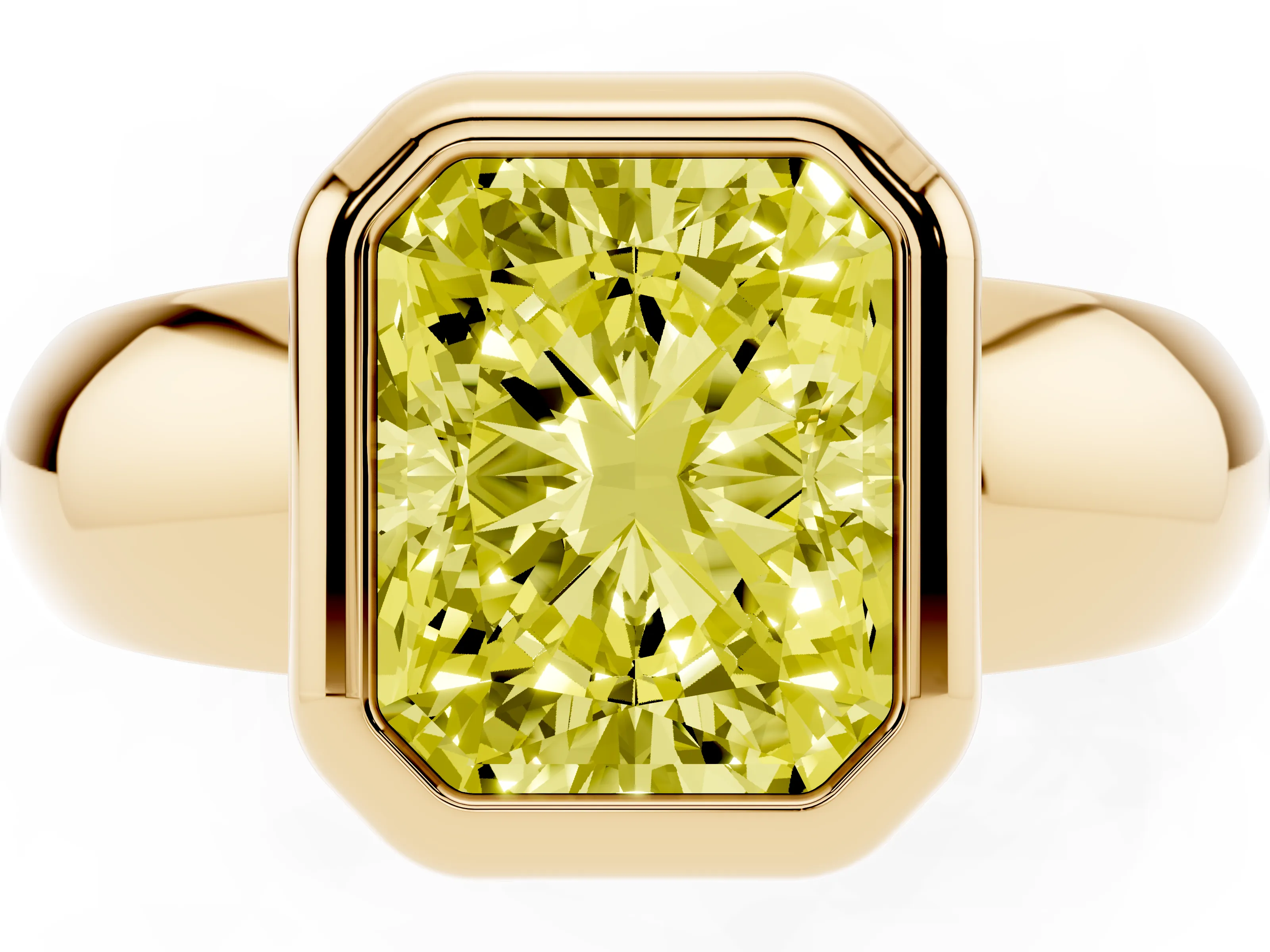 Fancy Yellow Bezel Set Radiant Cut Diamond Solitaire Ring Set in Yellow gold with Wide Band