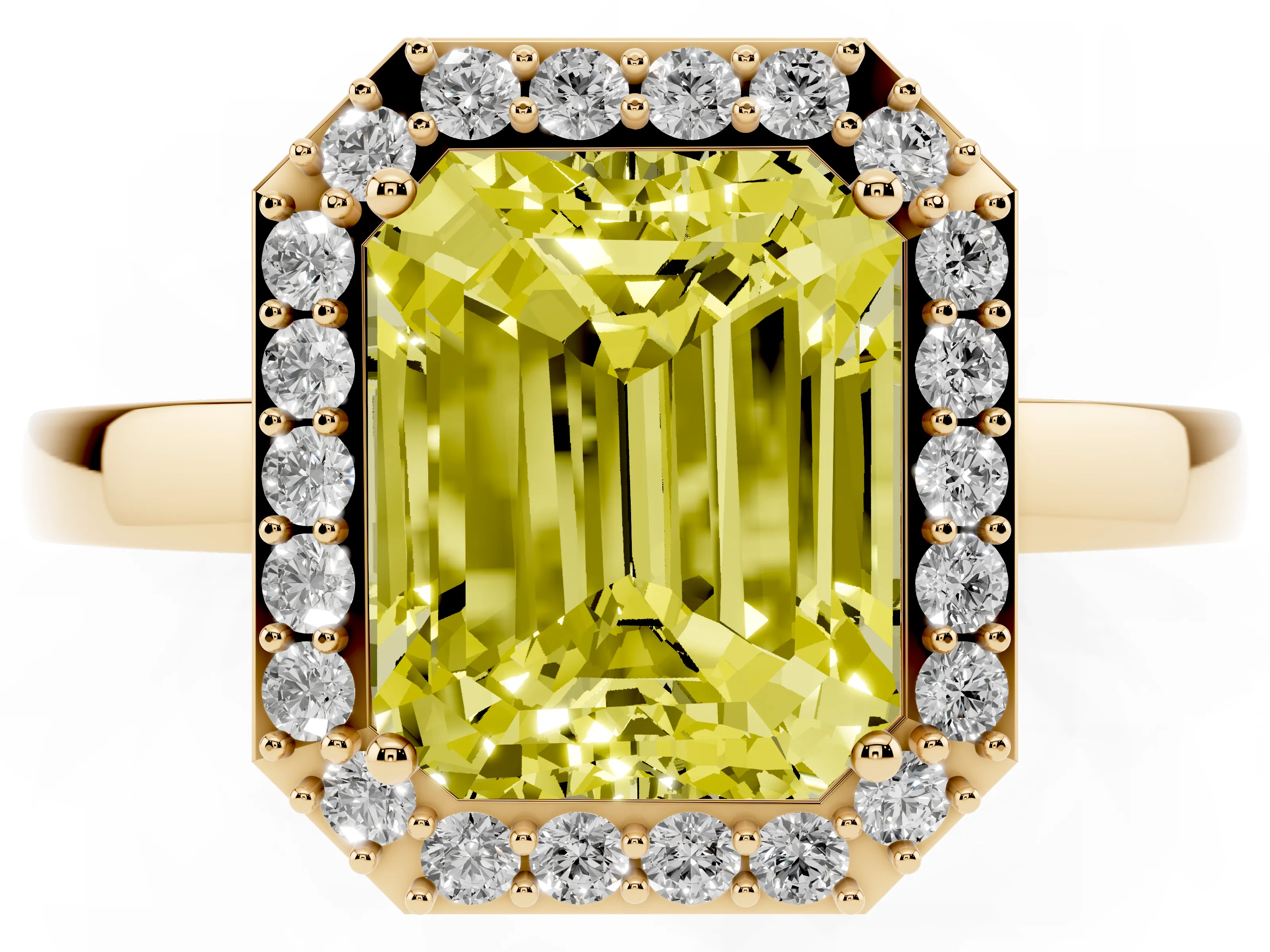 Fancy Yellow Radiant Cut Diamond Halo Ring Set in Yellow gold with Solitaire Band and Prong Setting