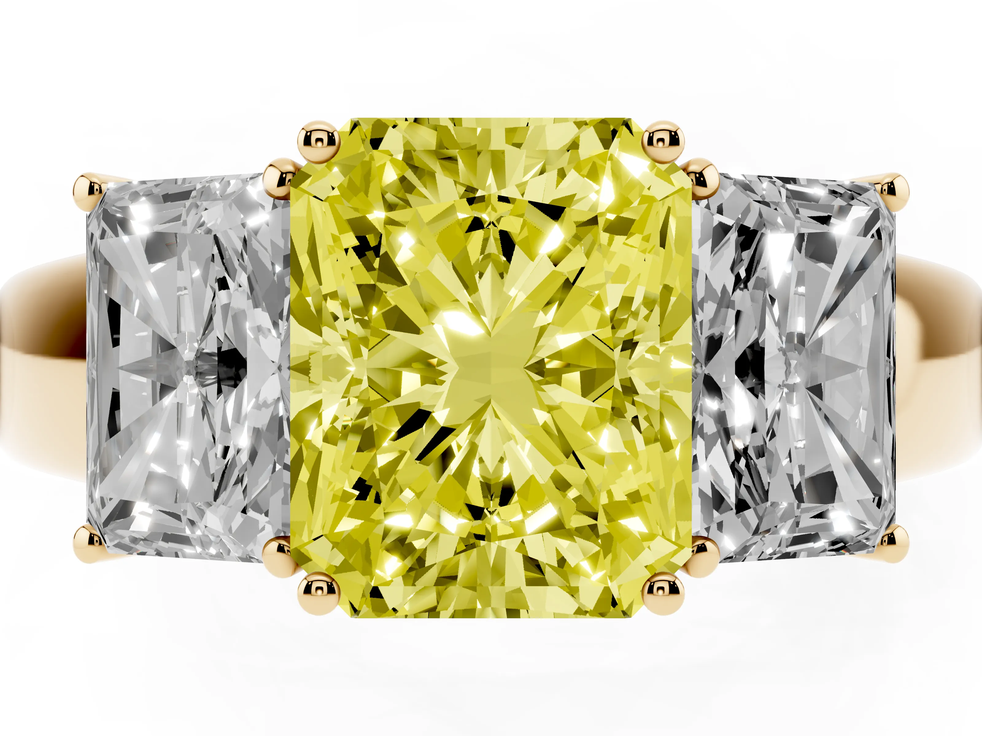 Fancy Yellow Three-Stone Radiant Cut Diamond Ring Set in Yellow gold with Matching Prong Settings and Plain Band