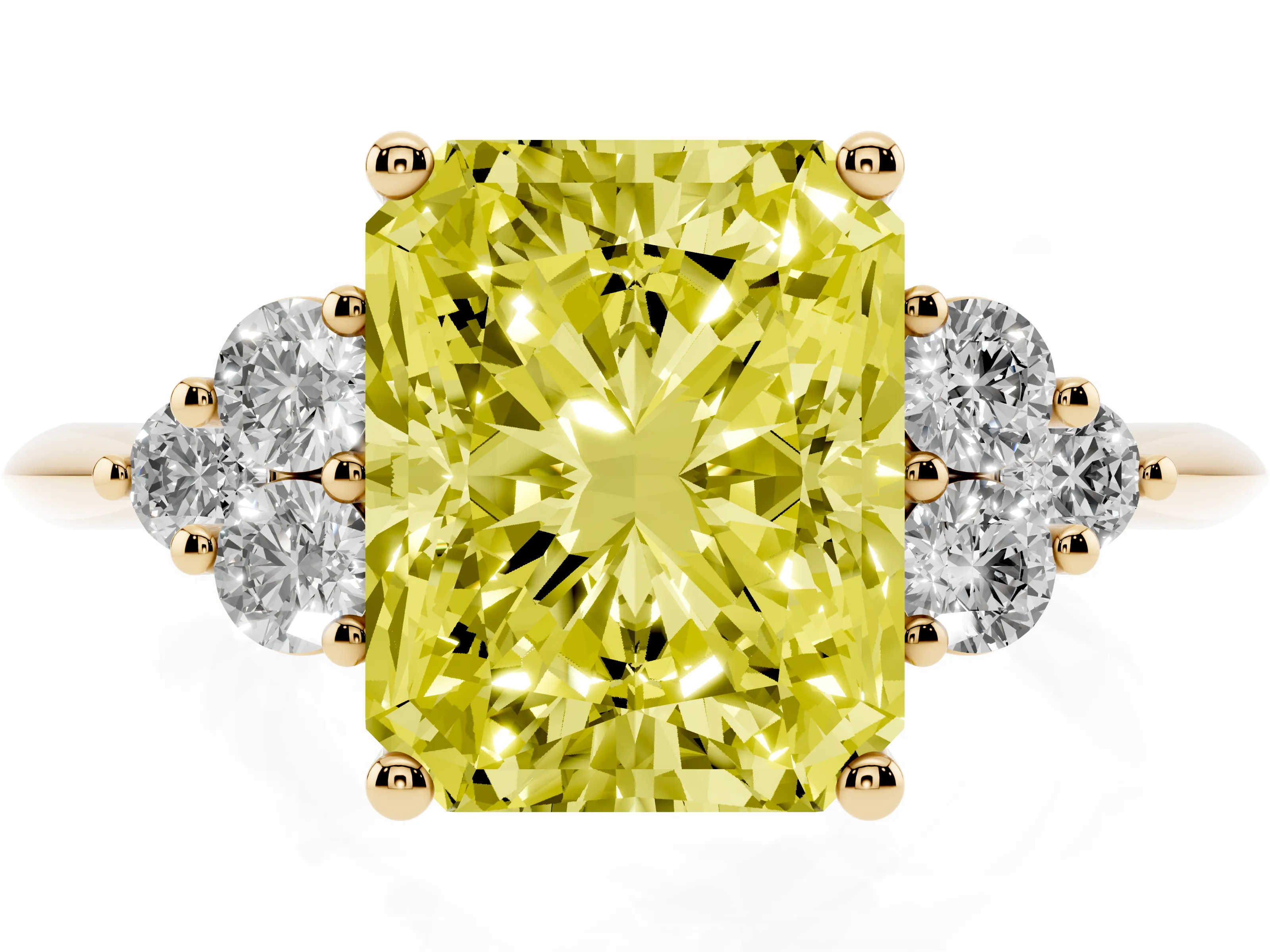 Fancy Yellow Radiant Cut Diamond Cluster Ring Set in Yellow gold with Plain Band and Prong Setting