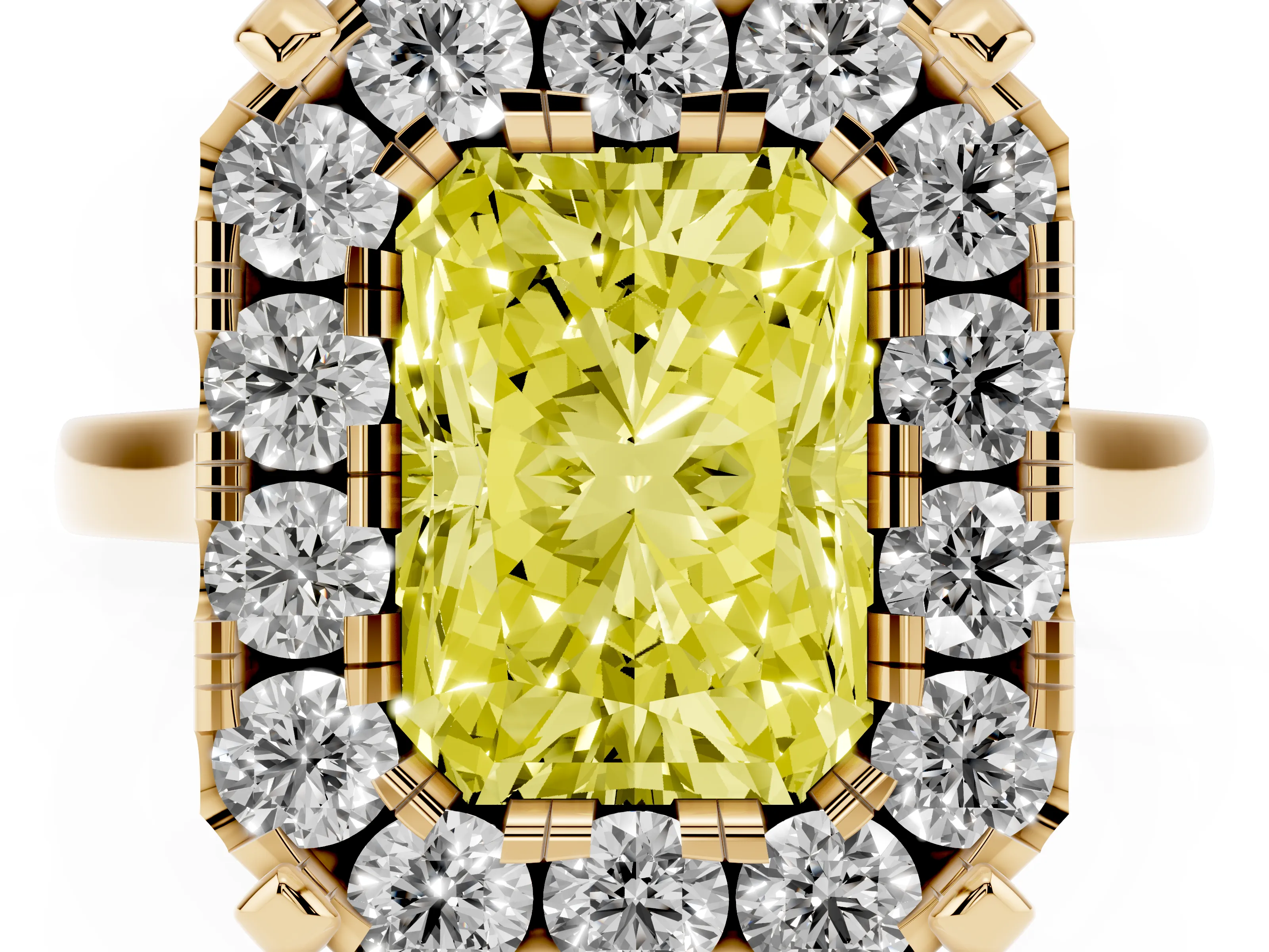 Fancy Yellow Radiant Cut Diamond Cluster Halo Solitaire Ring Set in Yellow gold with Prong Setting